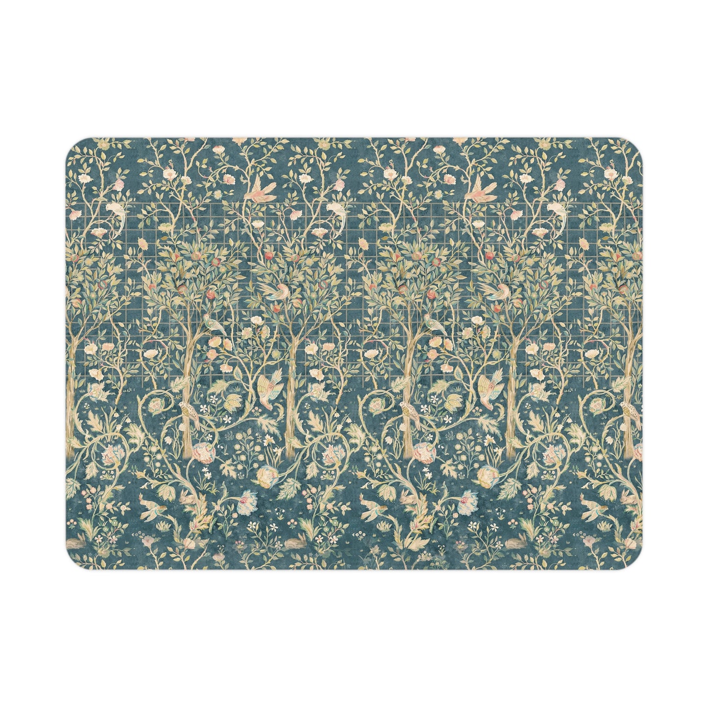 A toddler blanket with a floral William Morris & Co pattern in shades of green, teal, pink, and brown on a white background.