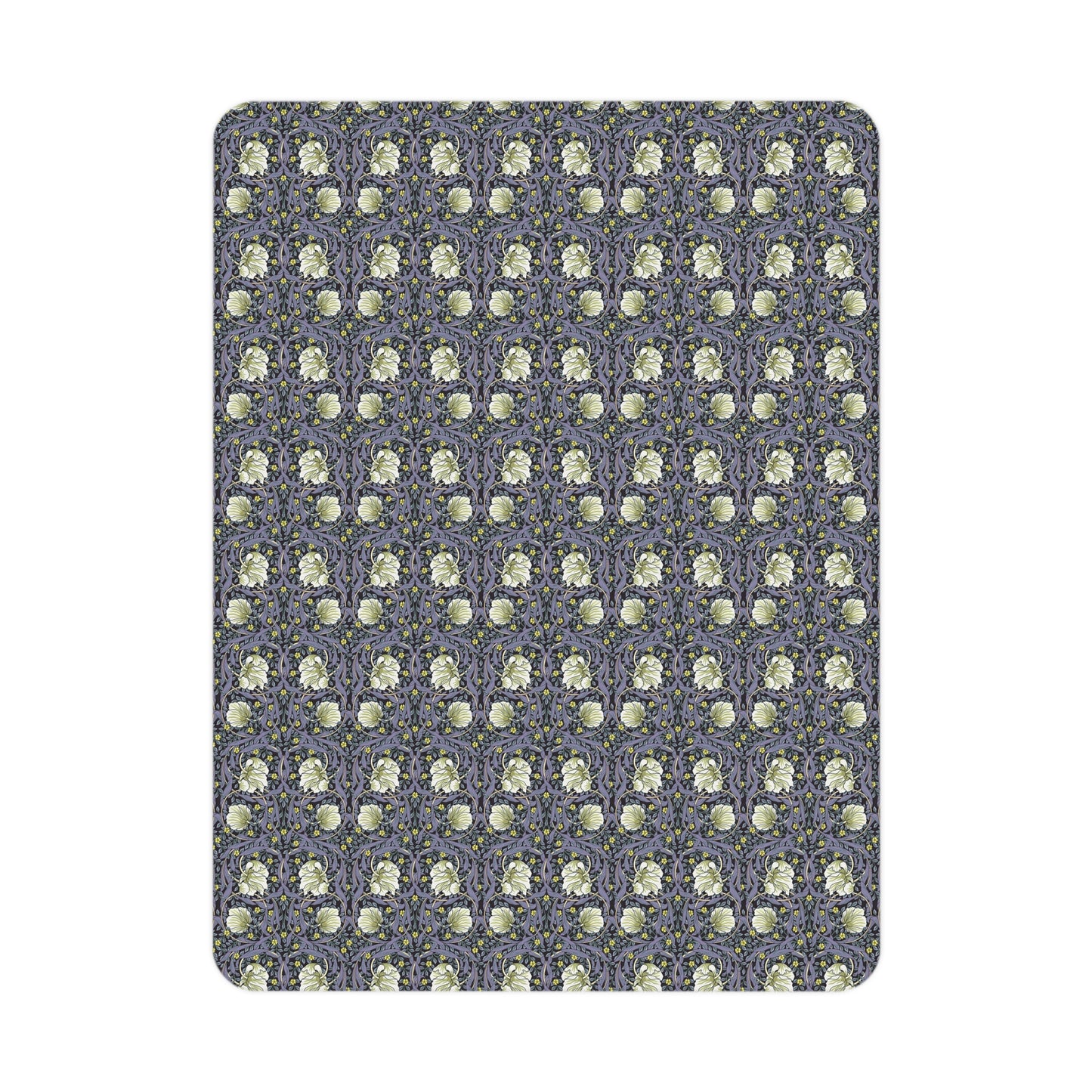 Floral William Morris & Co patterned toddler blanket on a purple and white pimpernel background