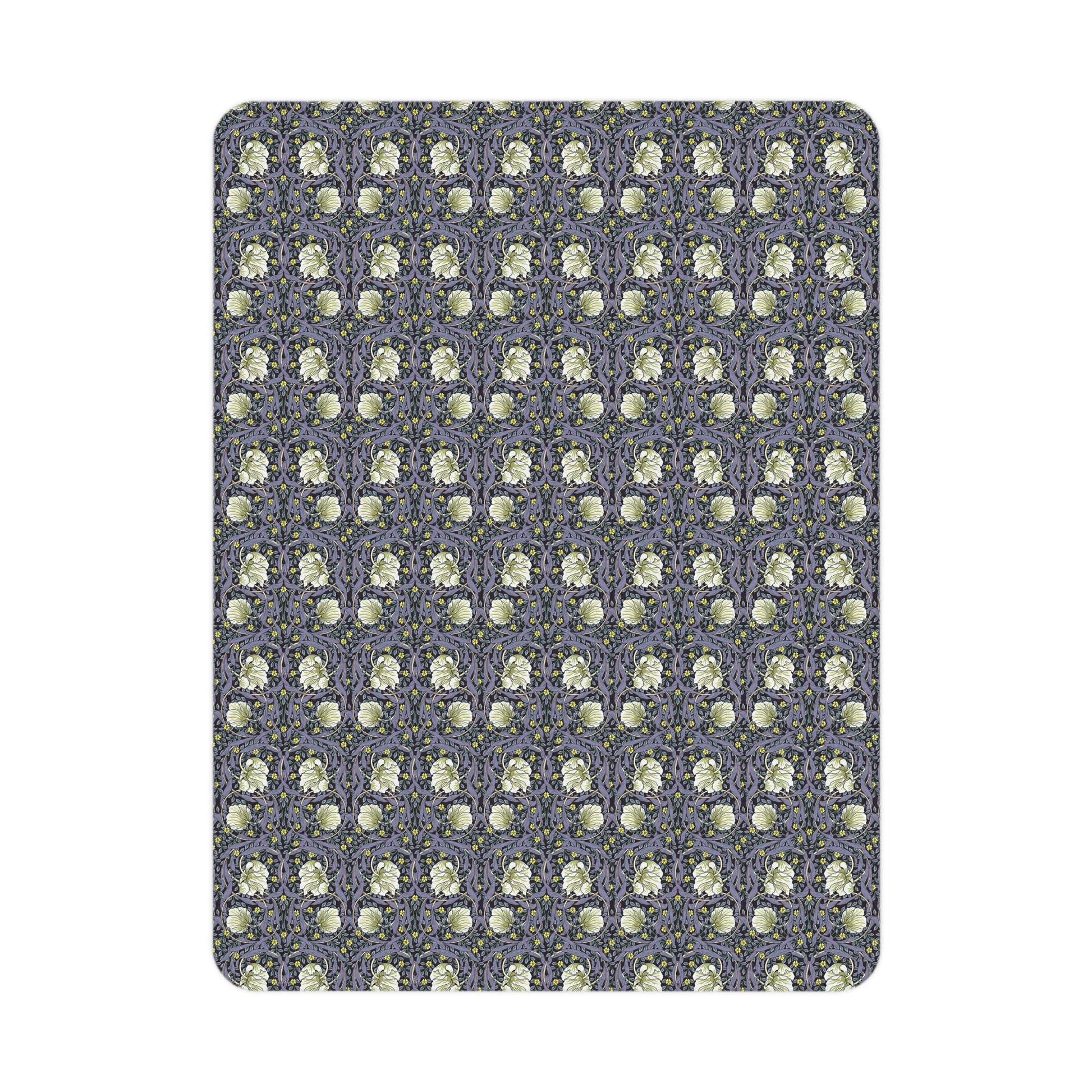 Floral William Morris & Co patterned toddler blanket on a purple and white pimpernel background