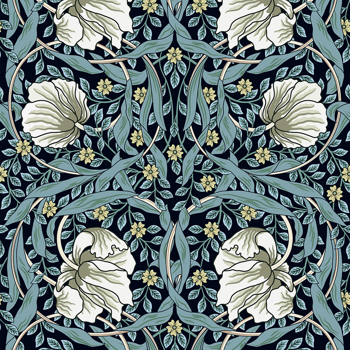 Floral pattern with white flowers and green leaves on a dark blue background