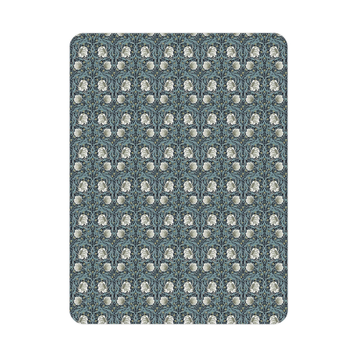 Patterned blanket rug with blue and white design on a white background