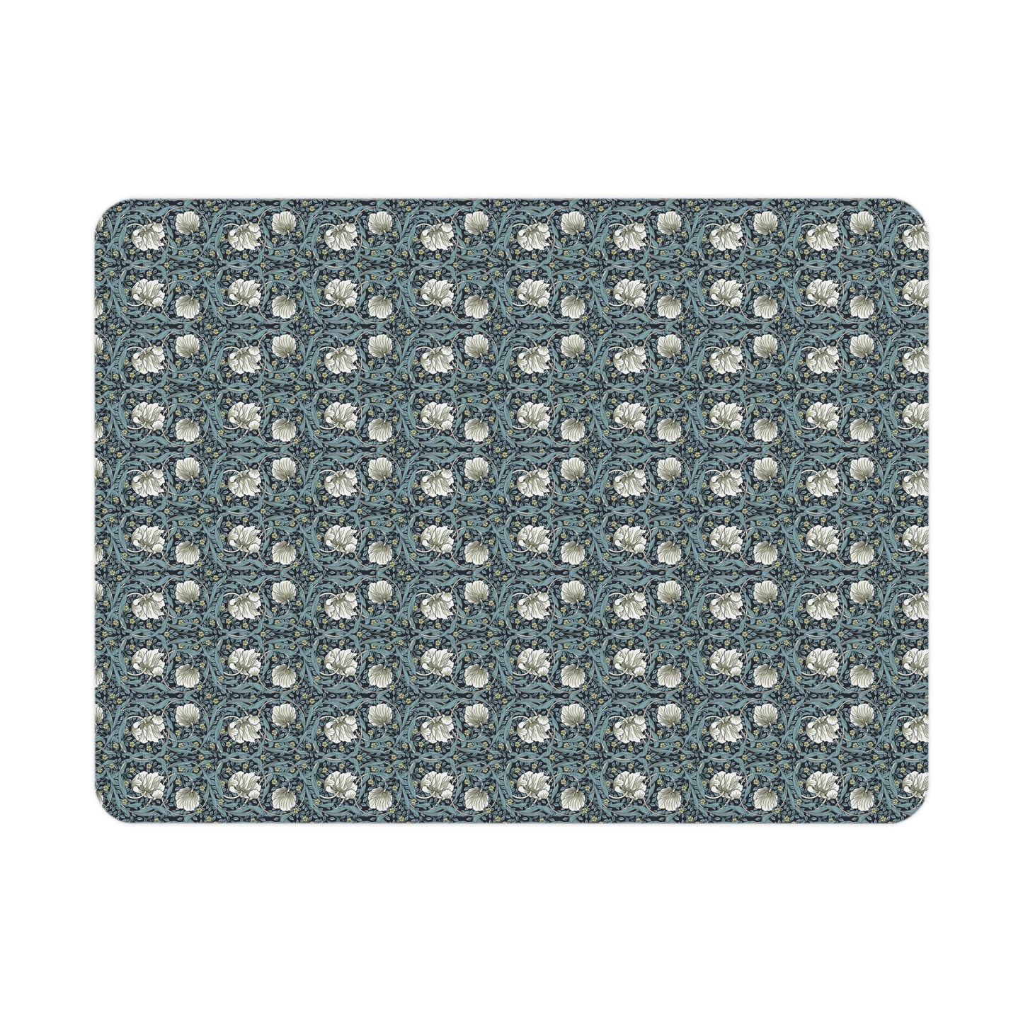 Patterned blanket with white floral design on a blue background