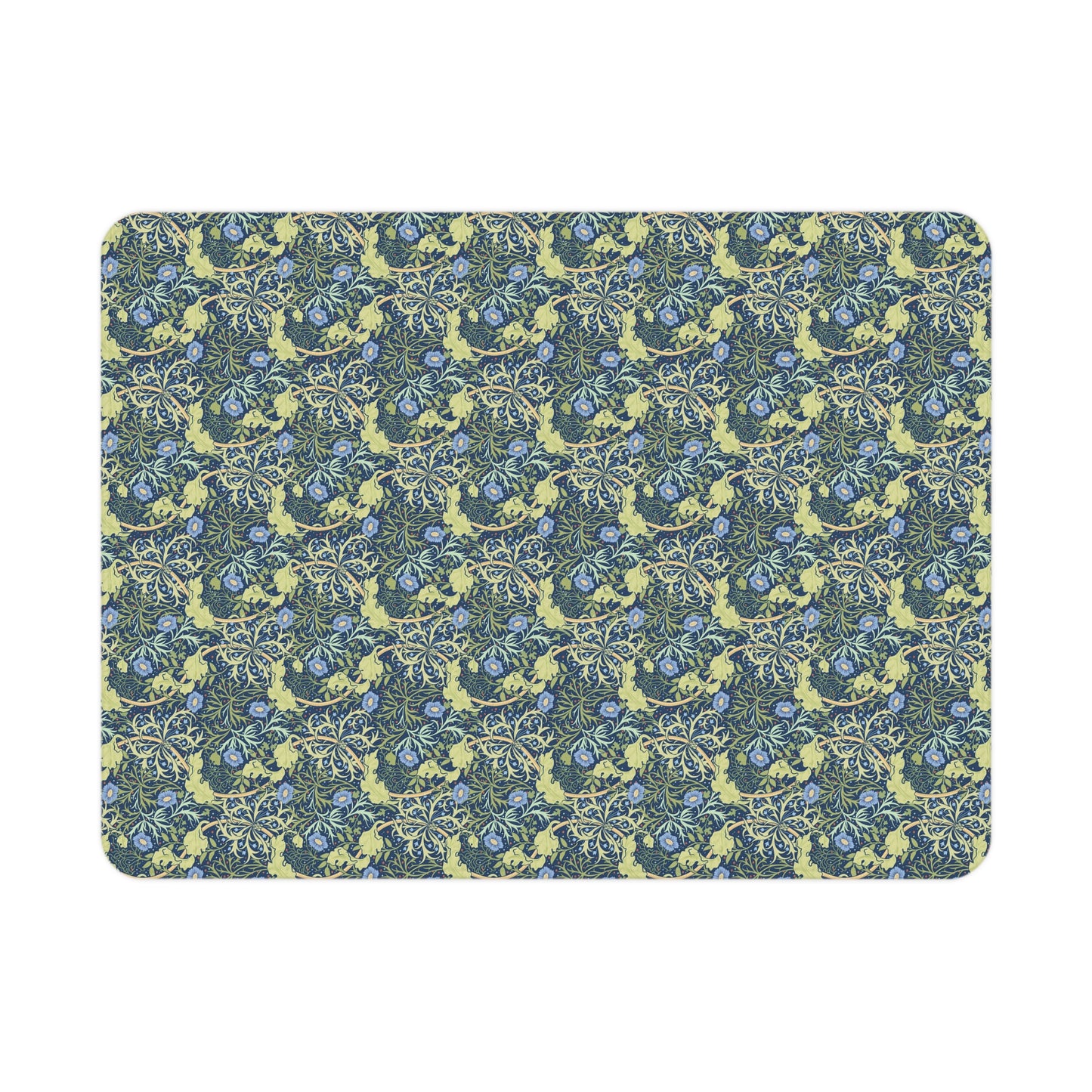 Patterned blanket with blue and green design on a white background