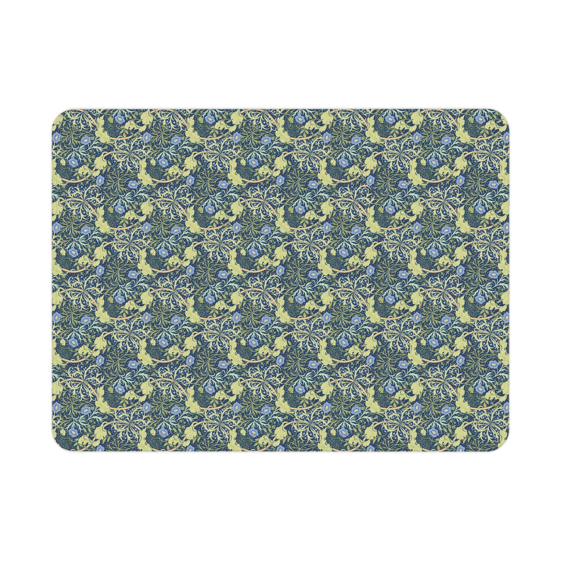 Patterned blanket with blue and green design on a white background