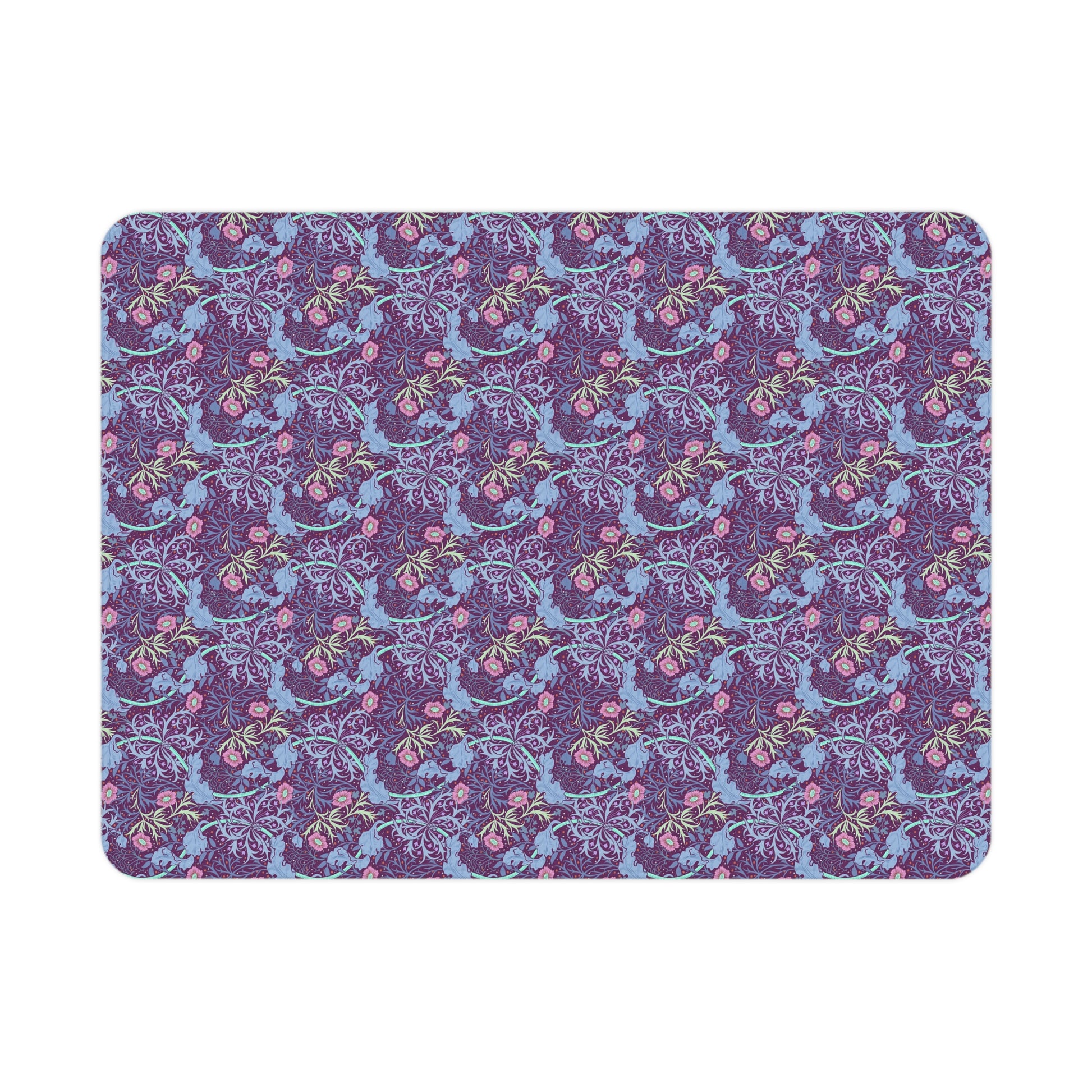 Patterned blanket with blue and pink design on a purple background