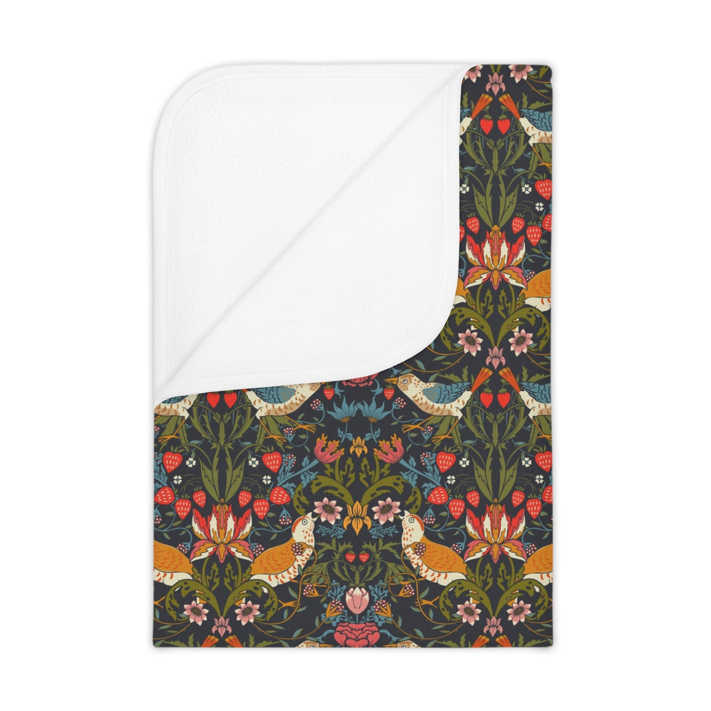 A toddler blanket with a floral pattern inspired by William Morris, in vibrant colors on a fabric with a hidden zipper.