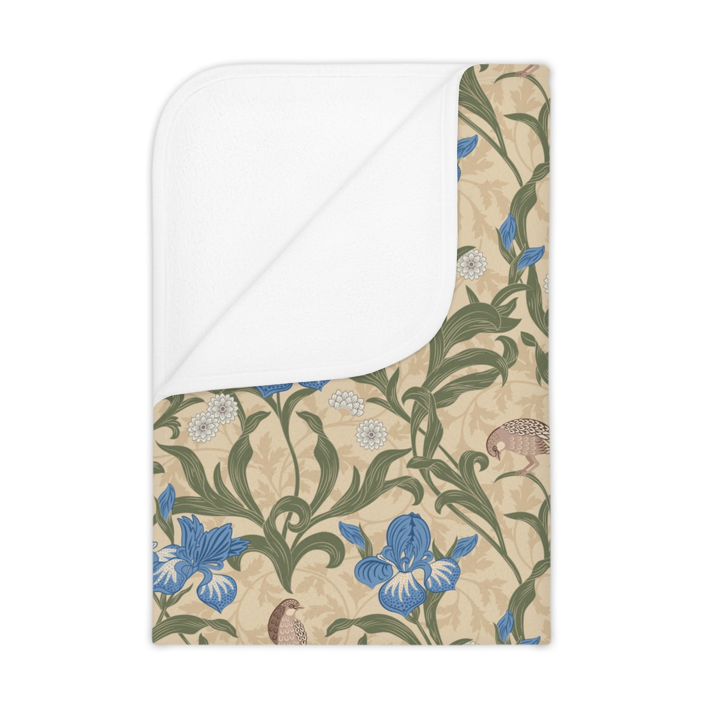Floral patterned product with a white border on a beige background