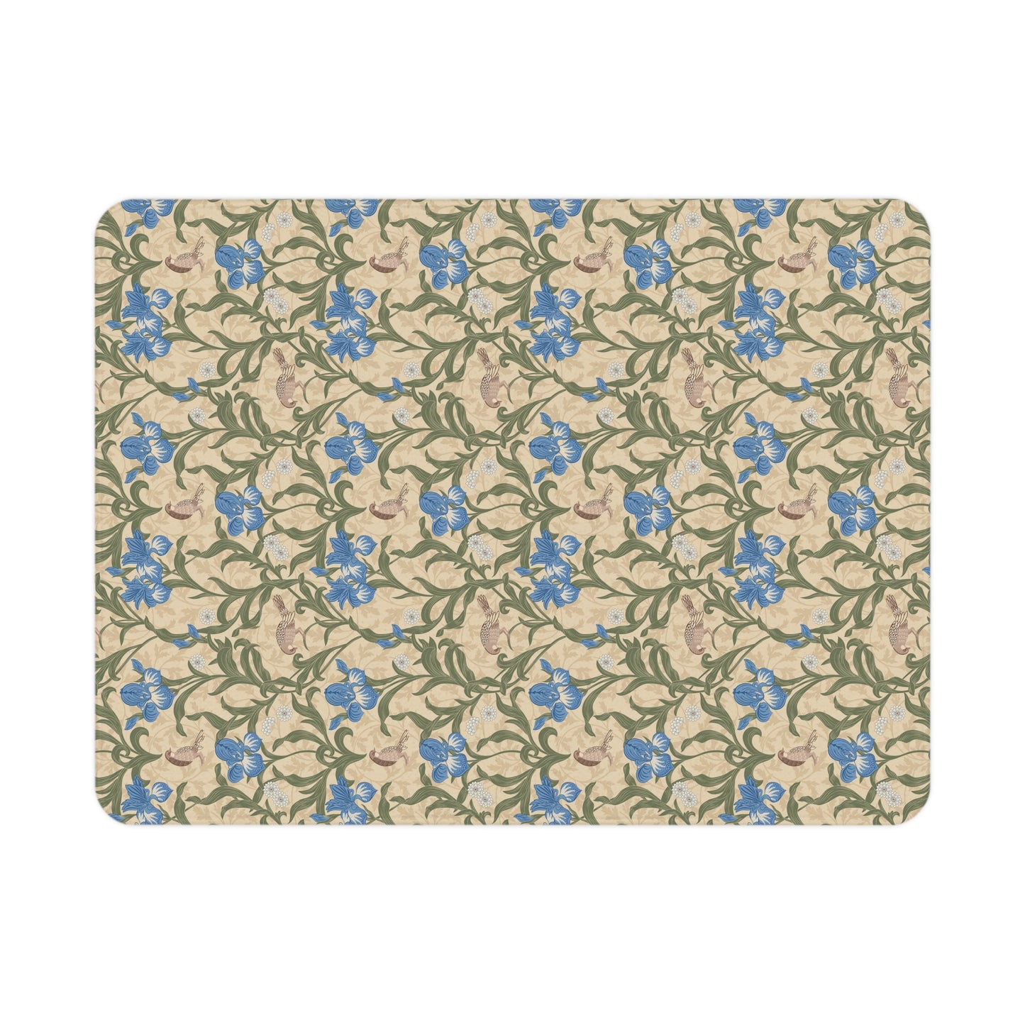 Patterned mat with blue flowers on a beige background