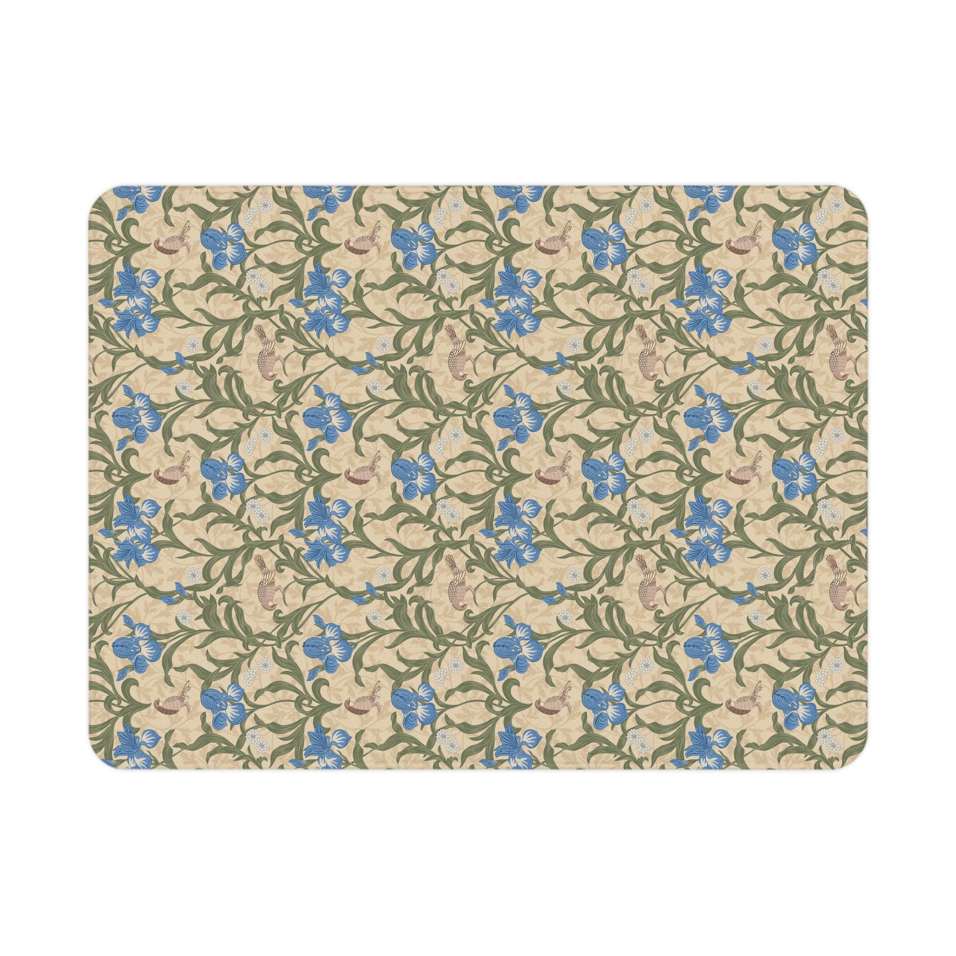 Patterned mat with blue flowers on a beige background