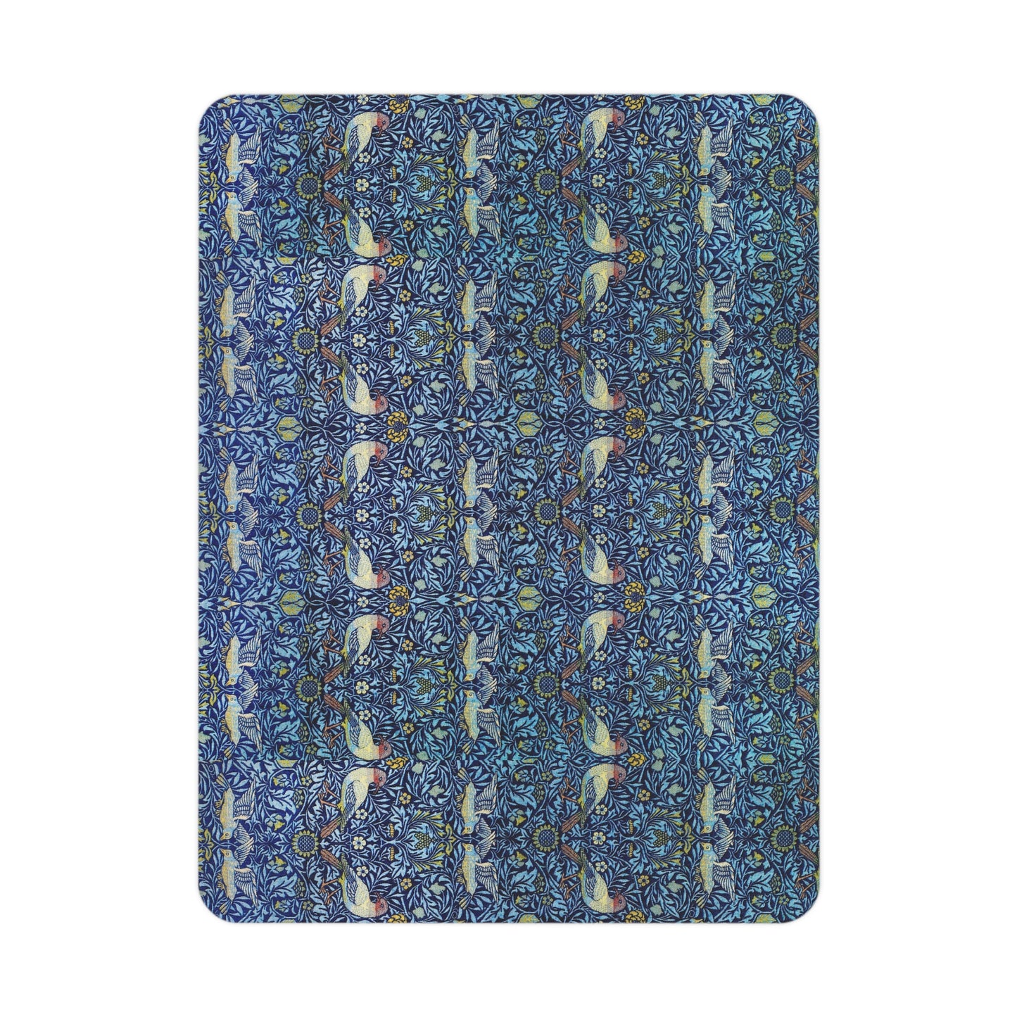 Patterned blue fabric with white bird design on a white background