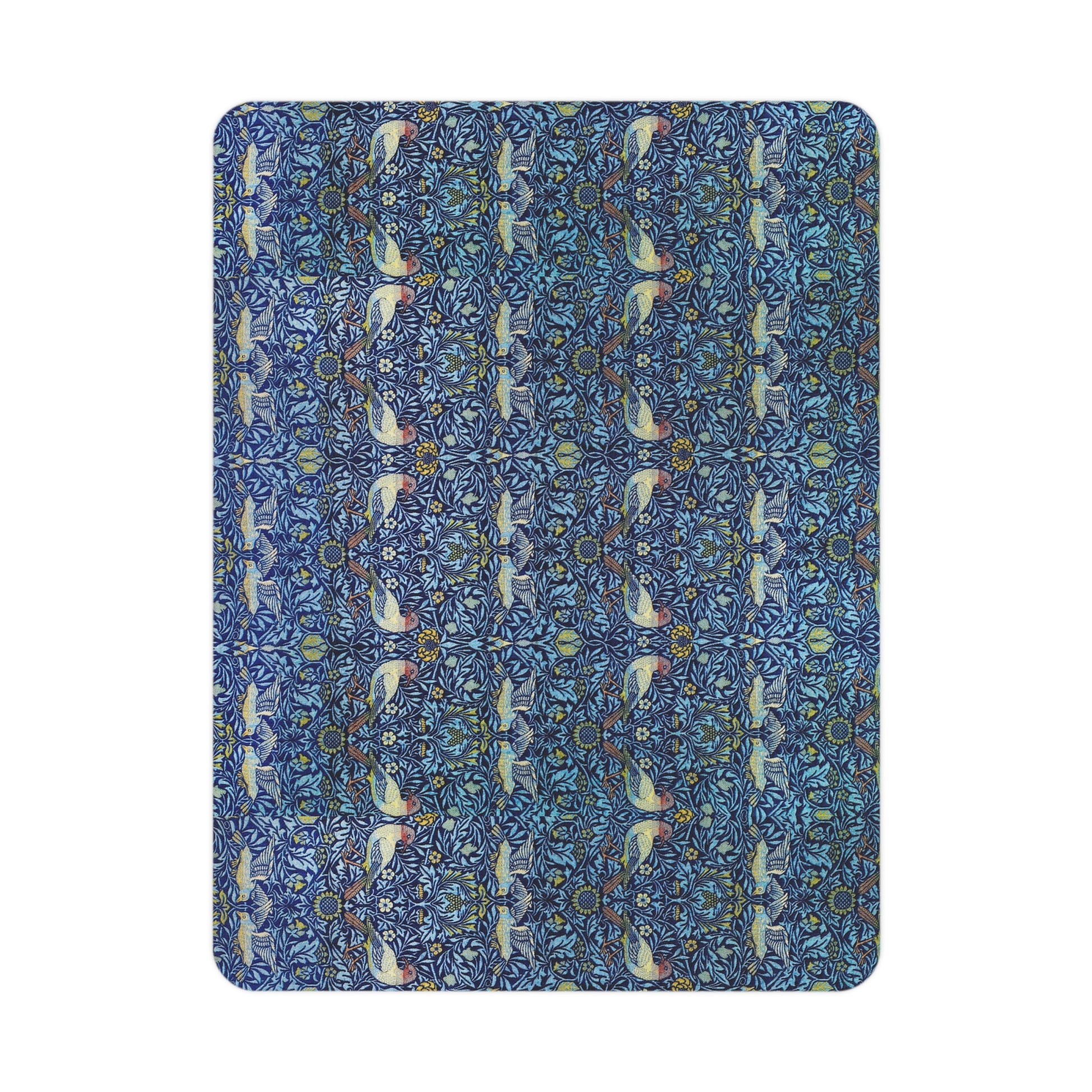 Patterned blue fabric with white bird design on a white background