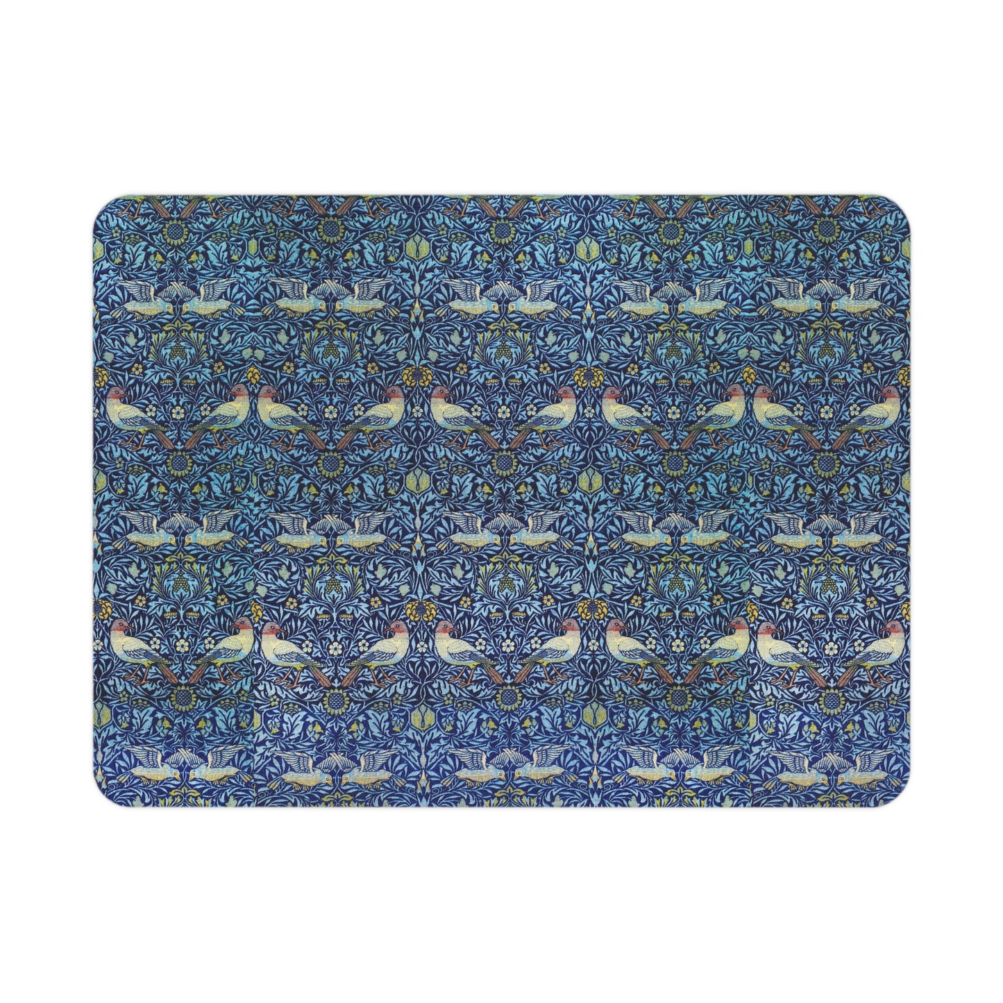 Patterned blue mat with birds and floral designs on a white background