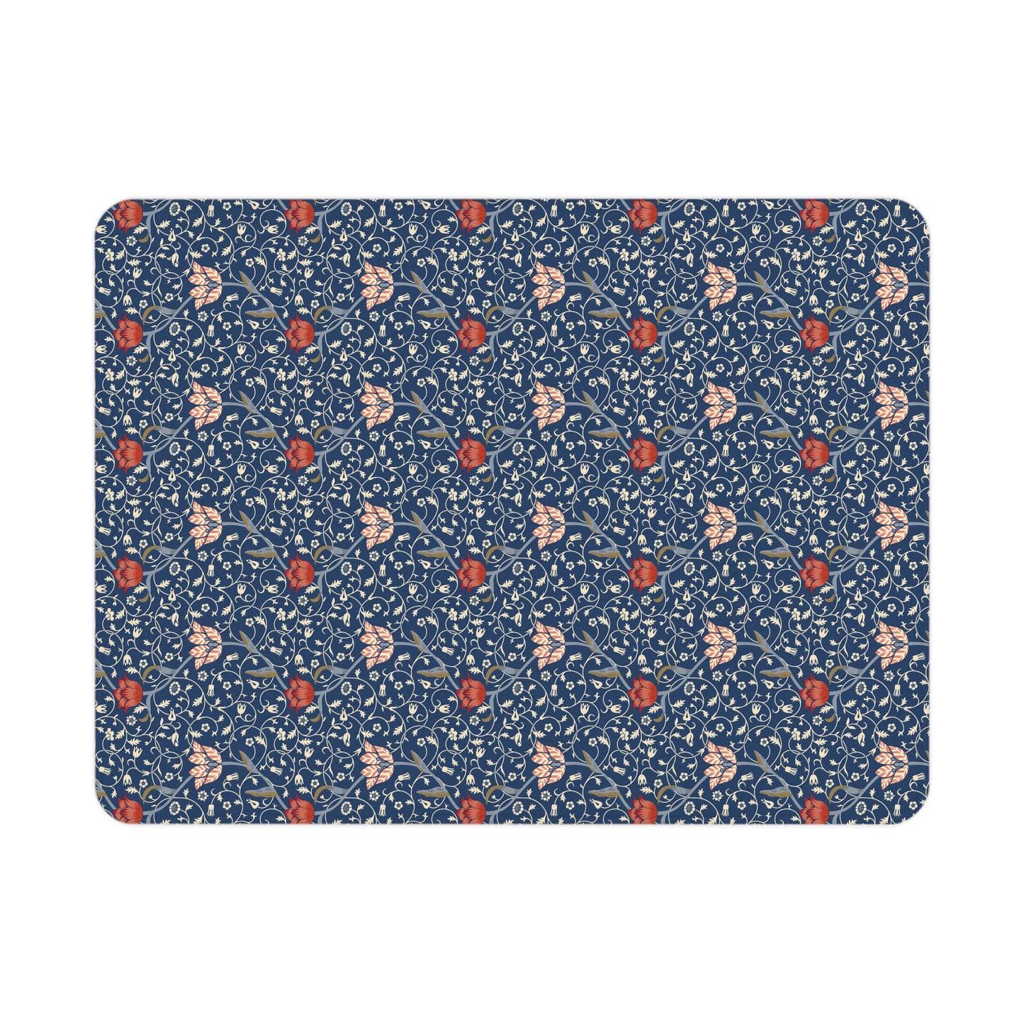 Floral William Morris & Co patterned toddler blanket with red flowers and white leaves on a blue background