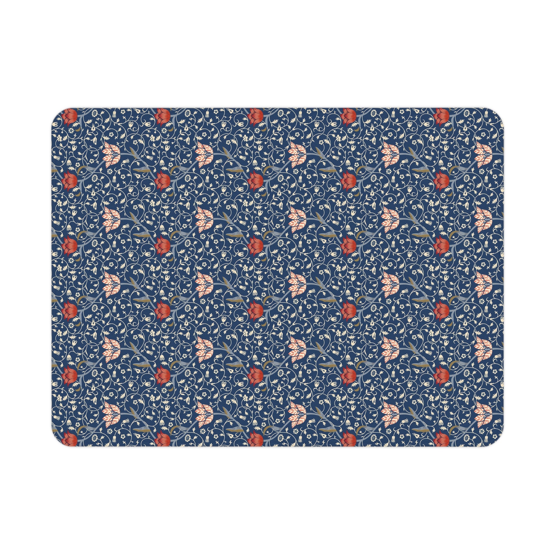 Floral William Morris & Co patterned toddler blanket with red flowers and white leaves on a blue background