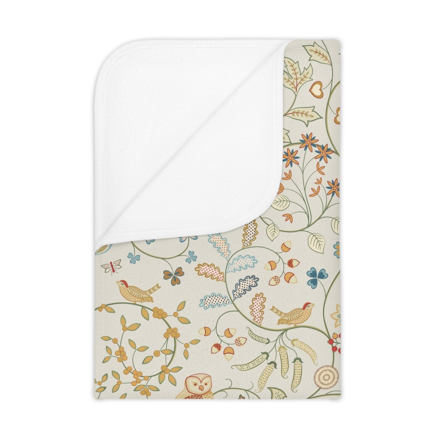 A toddler blanket with a floral and bird pattern inspired by William Morris, in vibrant colors on a light background, folded neatly.