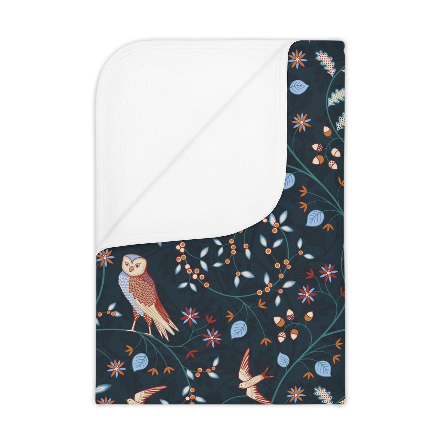 Floral and bird patterned Willy Morris & Co toddler blanket on a white background