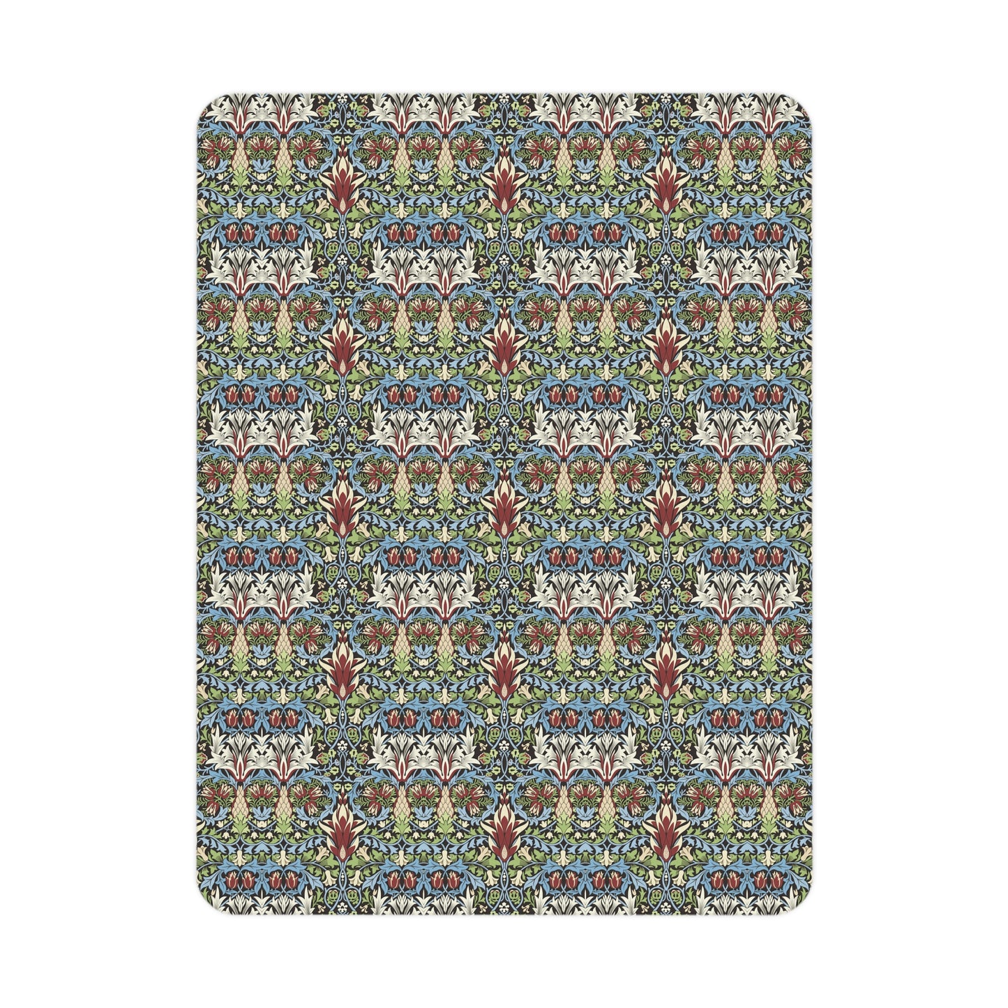 A toddler blanket with a floral pattern inspired by William Morris, featuring colours predominantly in blue, green, and red, with a mix of geometric and organic shapes.