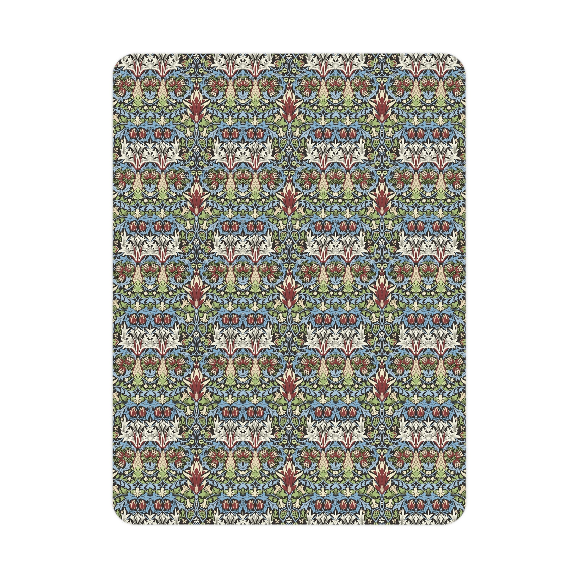 A toddler blanket with a floral pattern inspired by William Morris, featuring colours predominantly in blue, green, and red, with a mix of geometric and organic shapes.