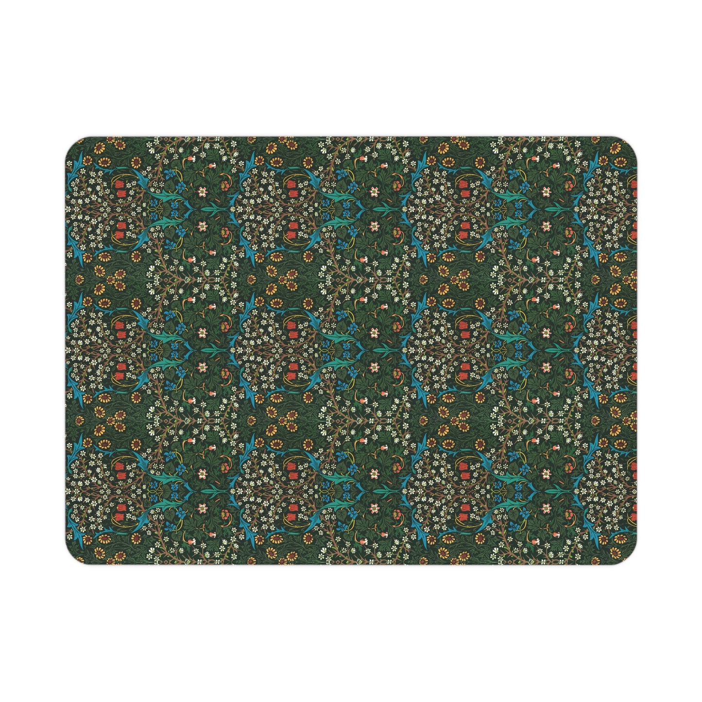 A toddler blanket with a floral pattern inspired by William Morris, predominantly red and green colours, displayed on a white background.