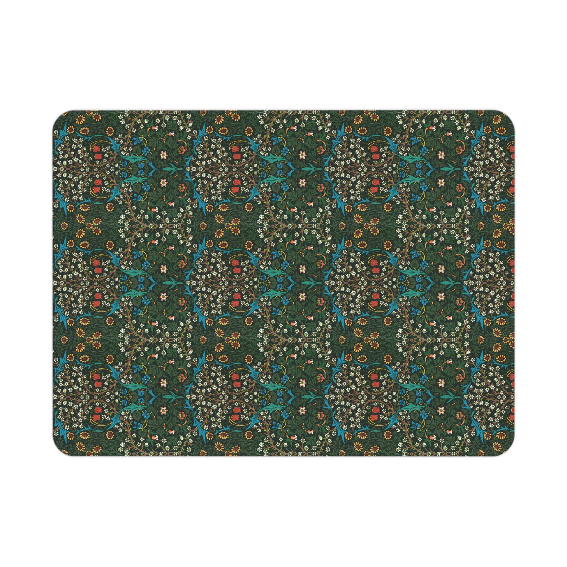 A toddler blanket with a floral pattern inspired by William Morris, predominantly red and green colours, displayed on a white background.