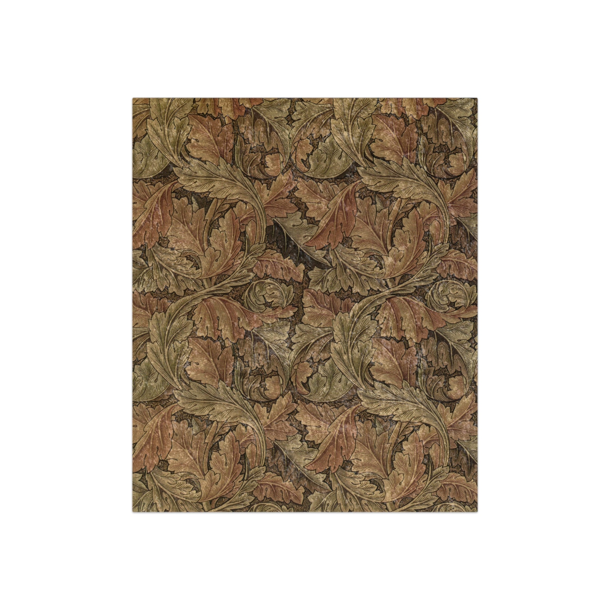 A lush crushed velvet blanket with a brown color, featuring a floral pattern inspired by William Morris.