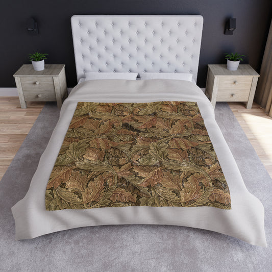 A brown crushed velvet blanket with a floral William Morris & Co pattern, folded neatly, with the soft velvety texture visible on one side.