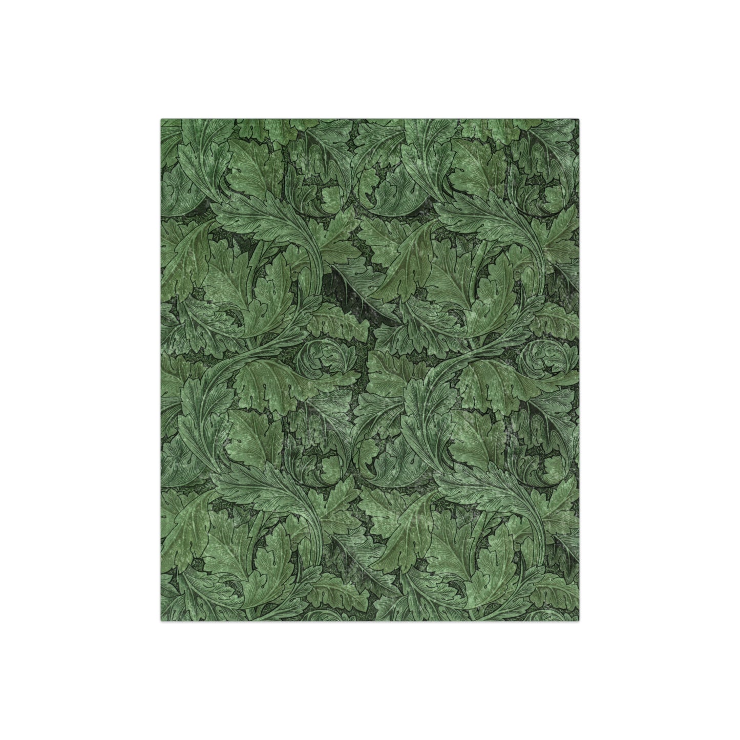 A lush crushed velvet blanket in green with a floral pattern inspired by William Morris, Acanthus Collection.