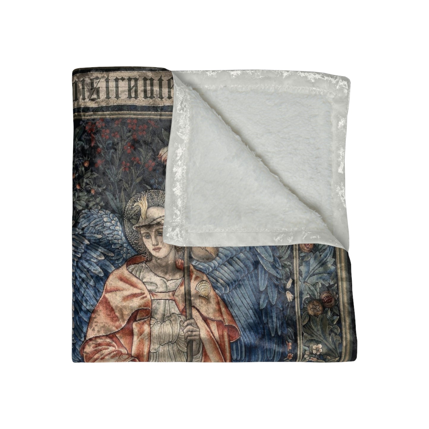 A crushed velvet blanket with a printed design featuring a figure from the Angeli Ministrantes collection by William Morris.