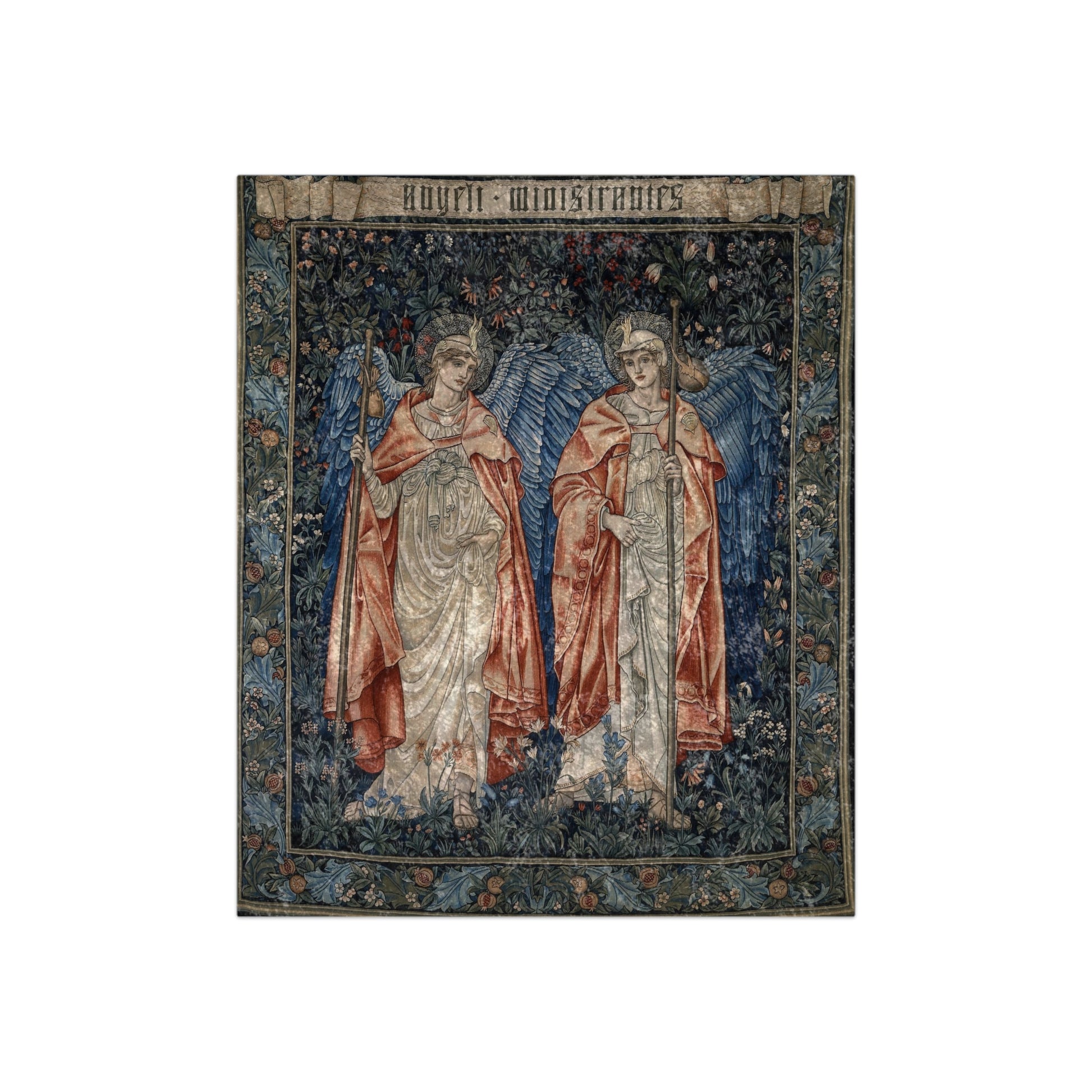 A lush crushed velvet blanket with a printed design featuring two angels from the Angeli Ministrantes collection by William Morris.
