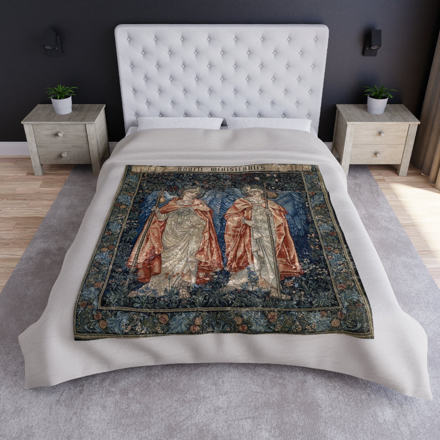 A crushed velvet blanket with a printed design featuring a figure from the Angeli Ministrantes collection by William Morris.