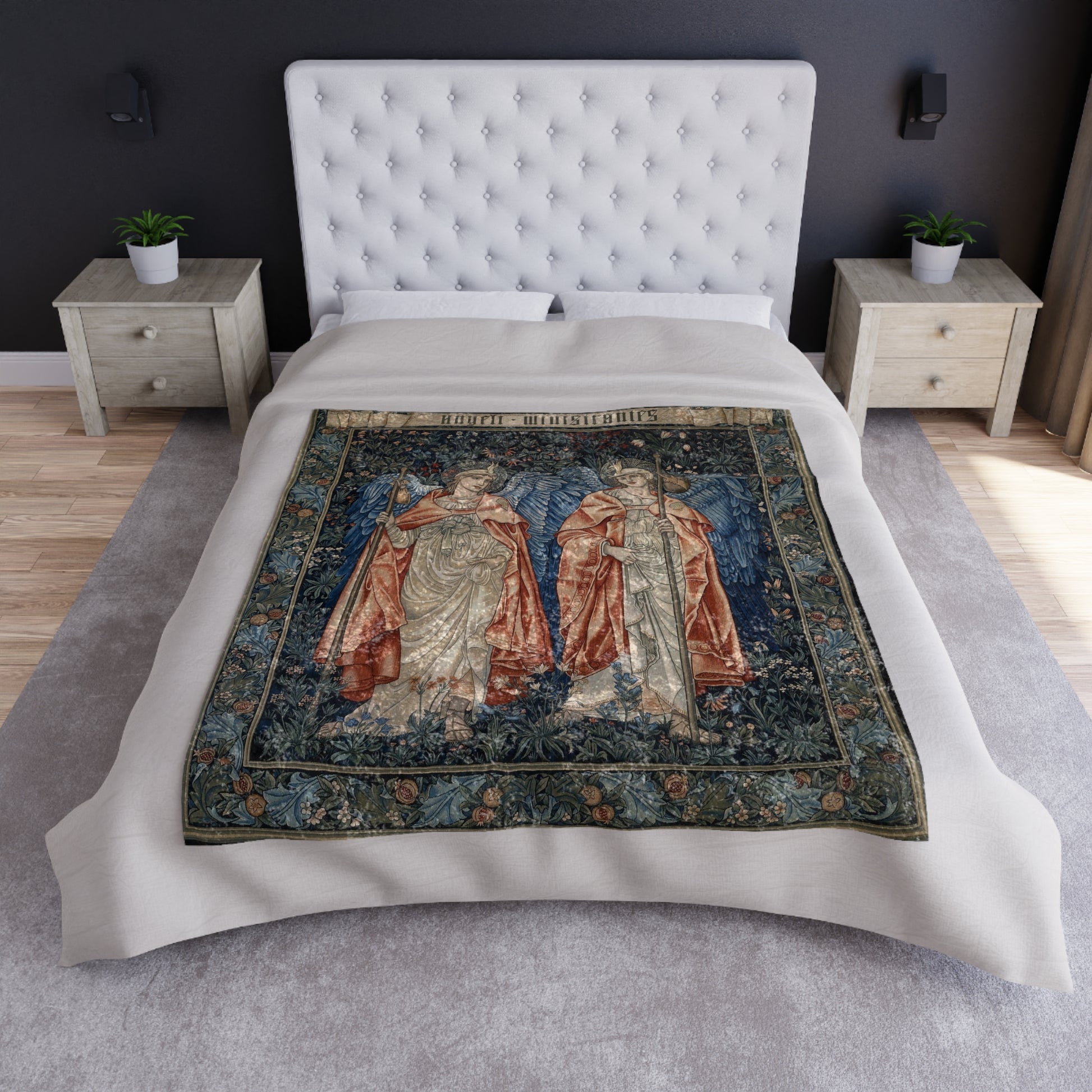 A crushed velvet blanket with a printed design featuring a figure from the Angeli Ministrantes collection by William Morris.