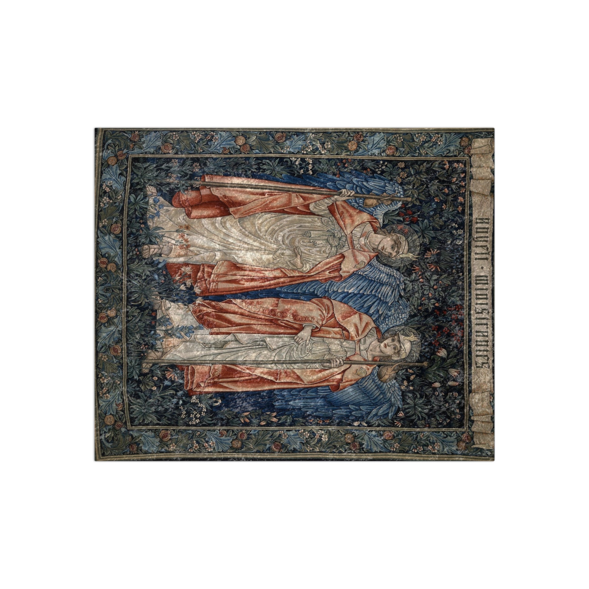 A crushed velvet blanket with a printed design featuring a figure from the Angeli Ministrantes collection by William Morris.