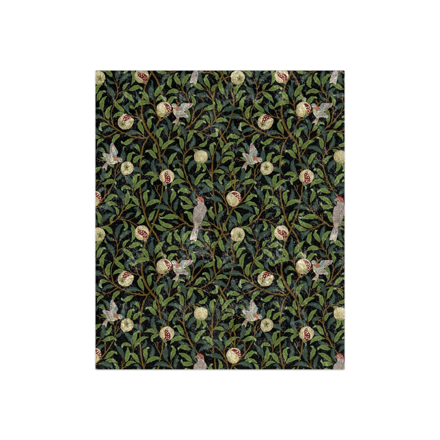 A rectangular blanket with a pattern of birds and pomegranate fruits on a green velvety background, inspired by the art of William Morris.