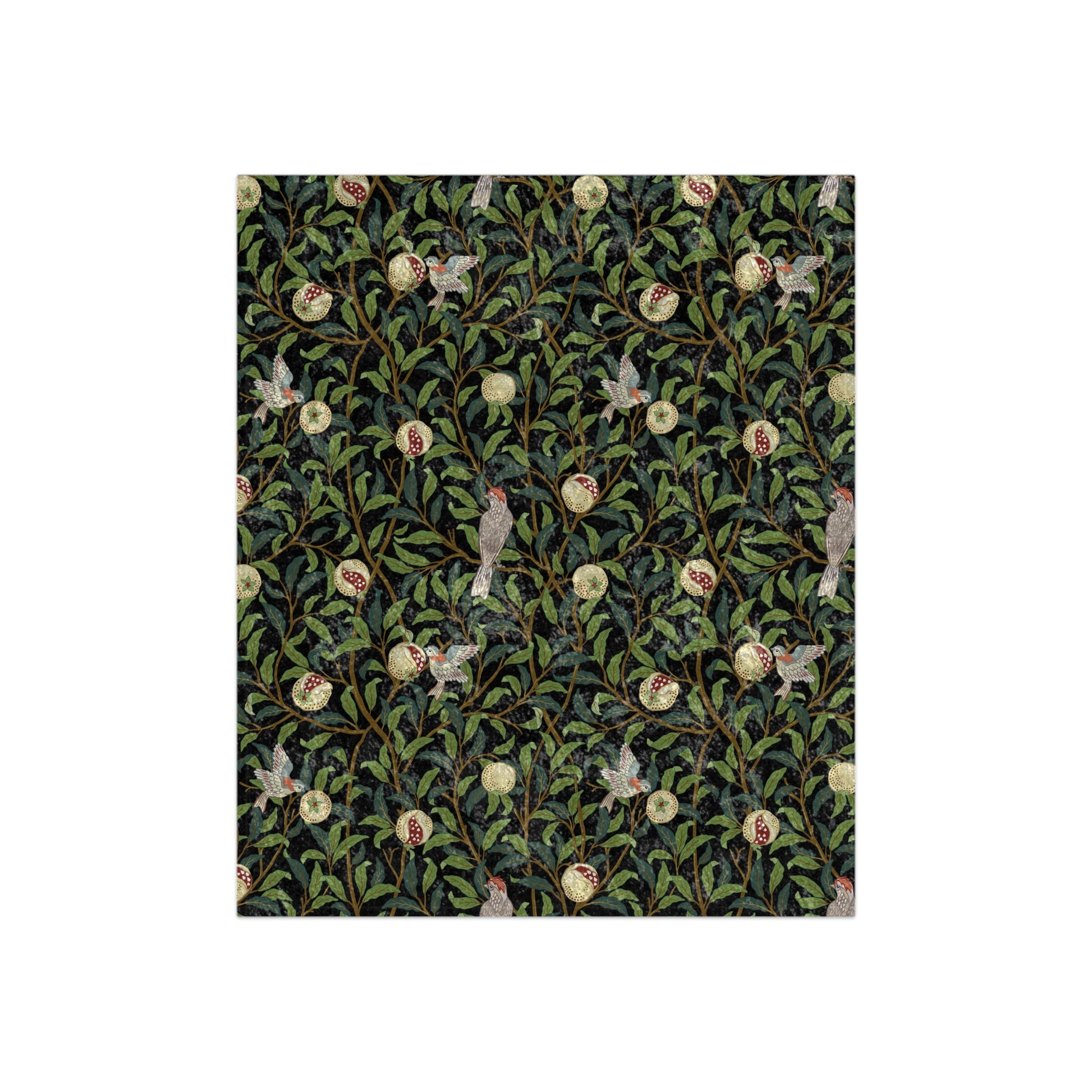 A rectangular blanket with a pattern of birds and pomegranate fruits on a green velvety background, inspired by the art of William Morris.