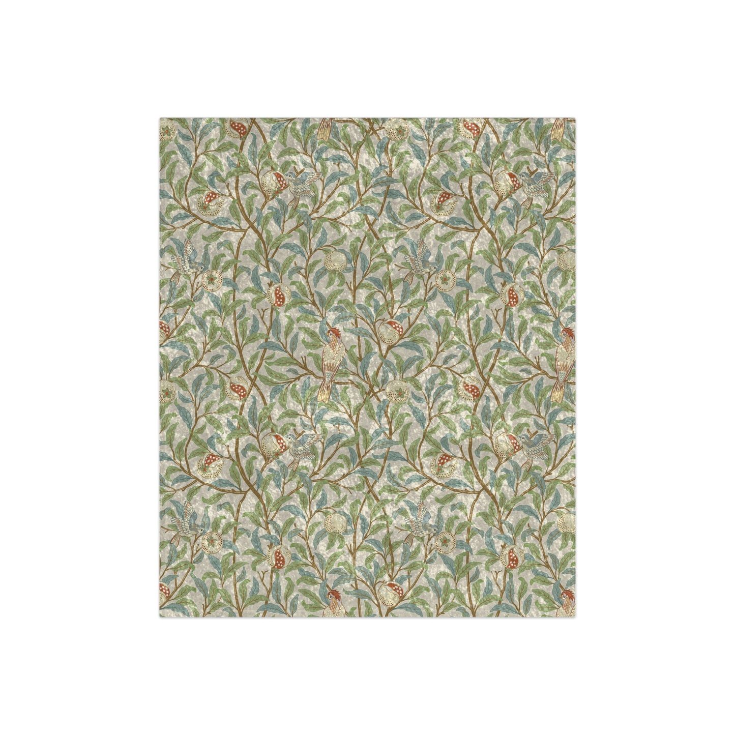 A rectangular throw blanket with a floral pattern inspired by William Morris, featuring birds and pomegranate in a parchment color palette.