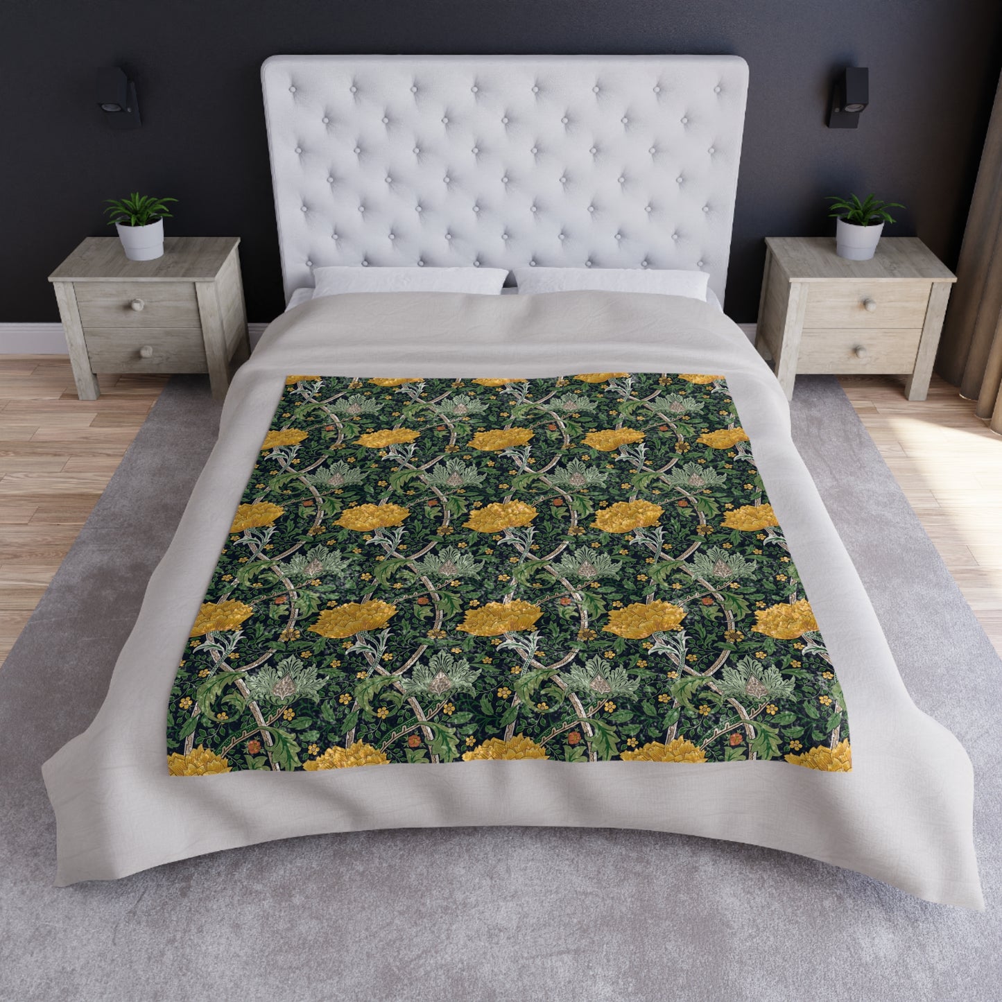 A lush crushed velvet blanket with a William Morris & Co floral pattern in yellow and green shades, displayed on a white background.