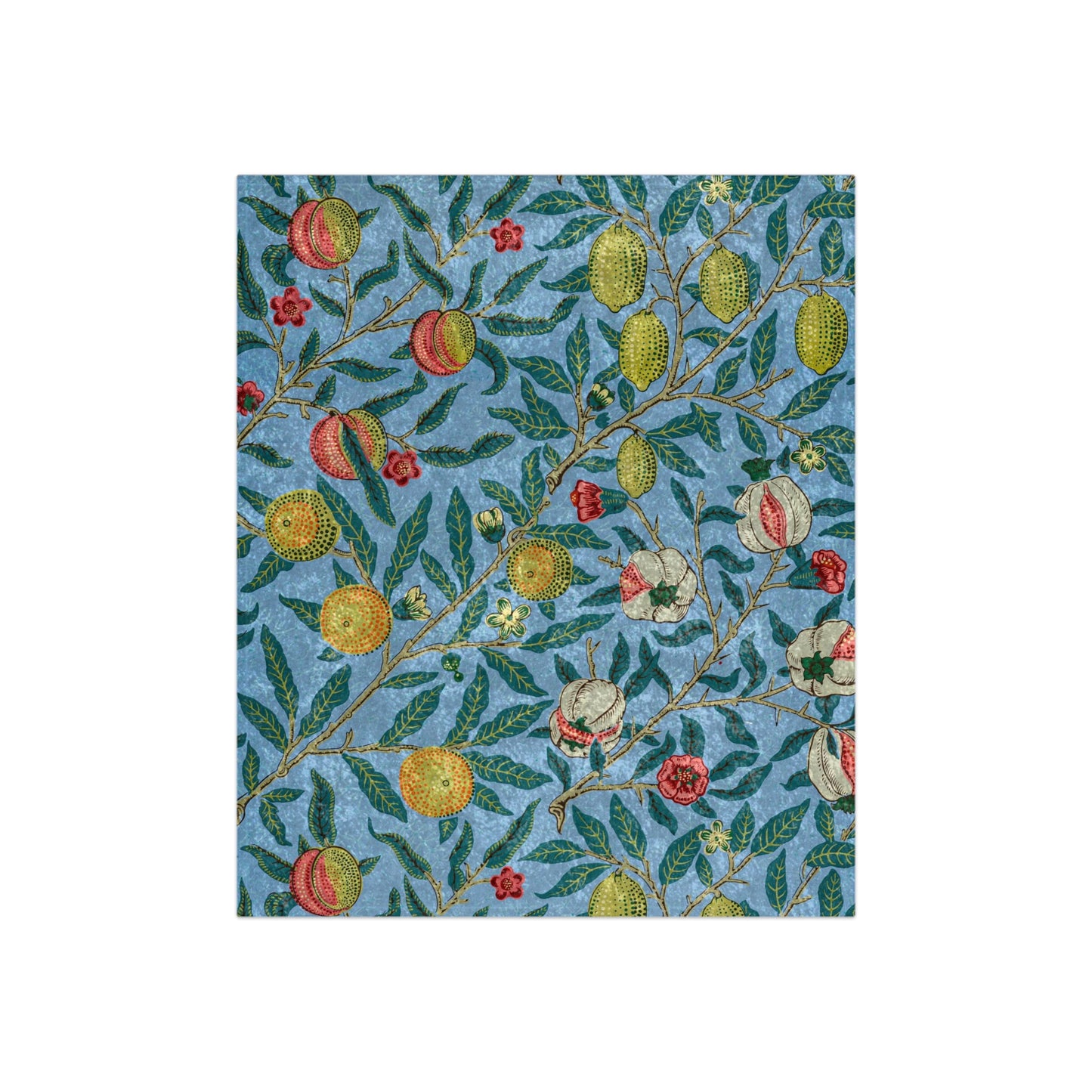 A lush crushed velvet blanket with a floral pattern featuring green leaves and red and yellow fruits, inspired by William Morris.