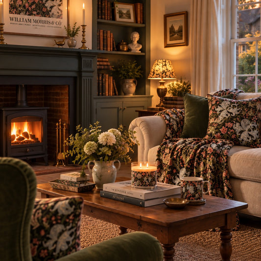 A cozy, warmly lit living room featuring a dark green fireplace mantel with a burning wood stove, a cream sofa adorned with floral throw pillows and a matching patterned blanket, a wooden coffee table with books and candles, and a window with sheer curtains.
