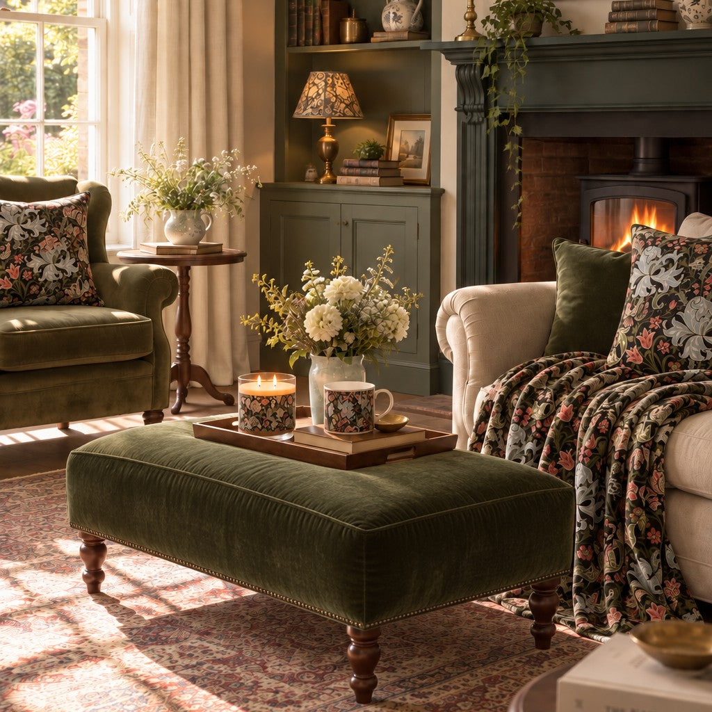 An olive green velvet ottoman with dark wooden legs in a cozy, sunlit living room. A wooden tray on top of the ottoman holds a lit candle and a patterned ceramic mug.