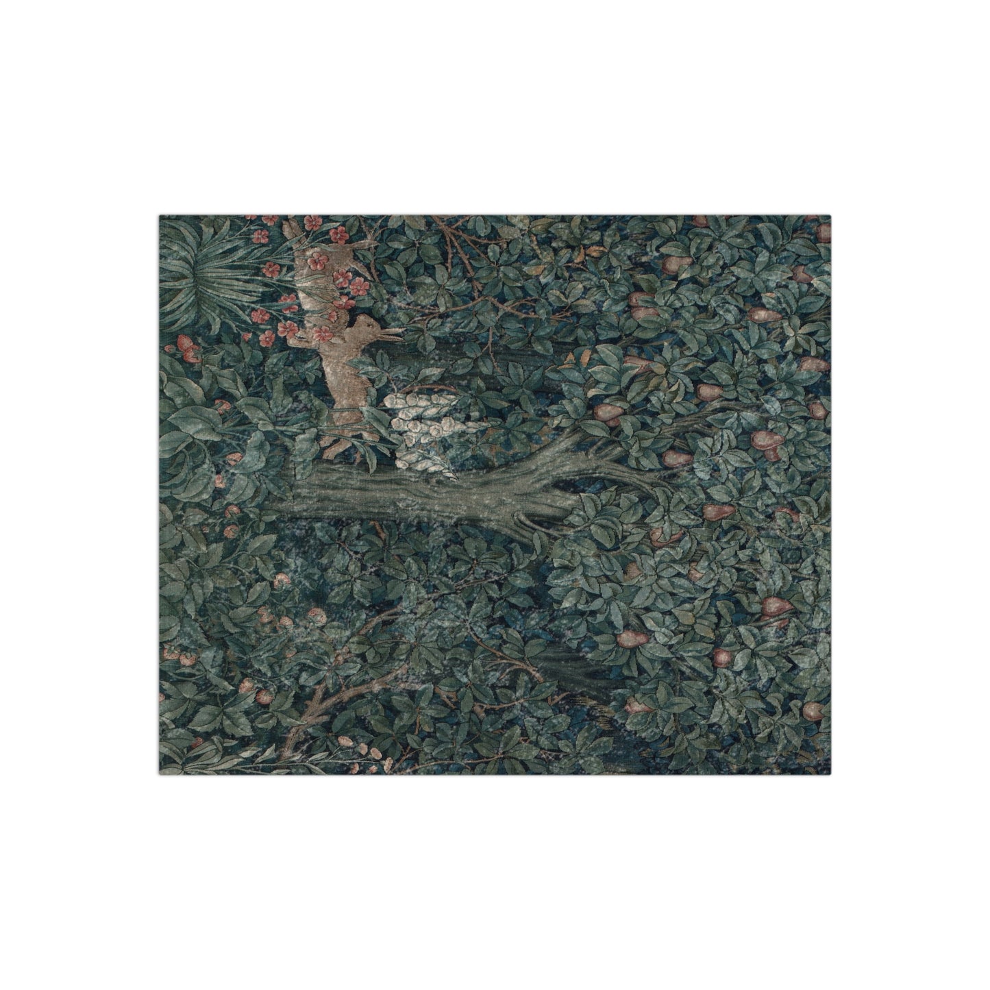 A lush crushed velvet blanket with a William Morris & Co greenery and rabbit pattern on one side and a solid silver reverse.