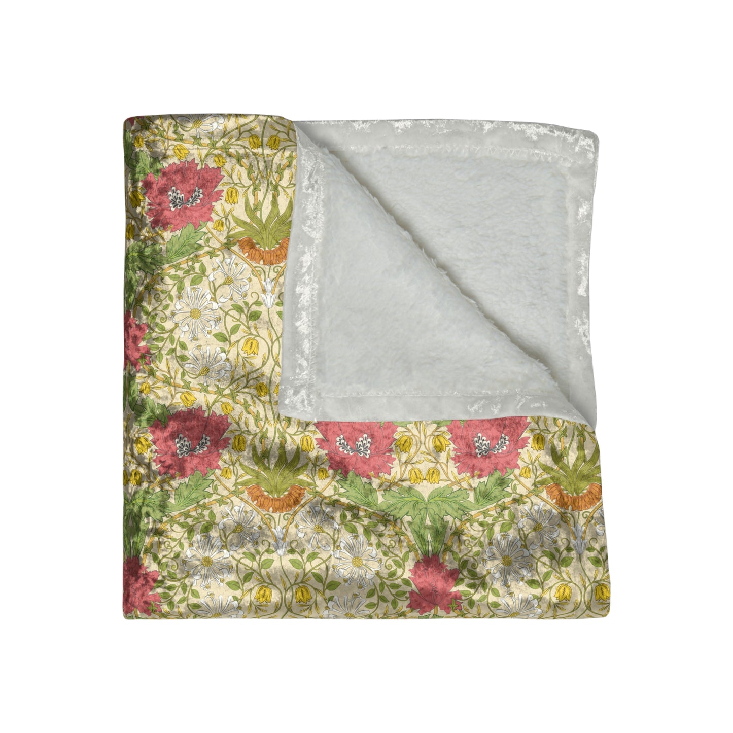 A lush crushed velvet blanket with a floral William Morris & Co pattern in shades of green, pink, and yellow, hemmed edges, and a silky finish.