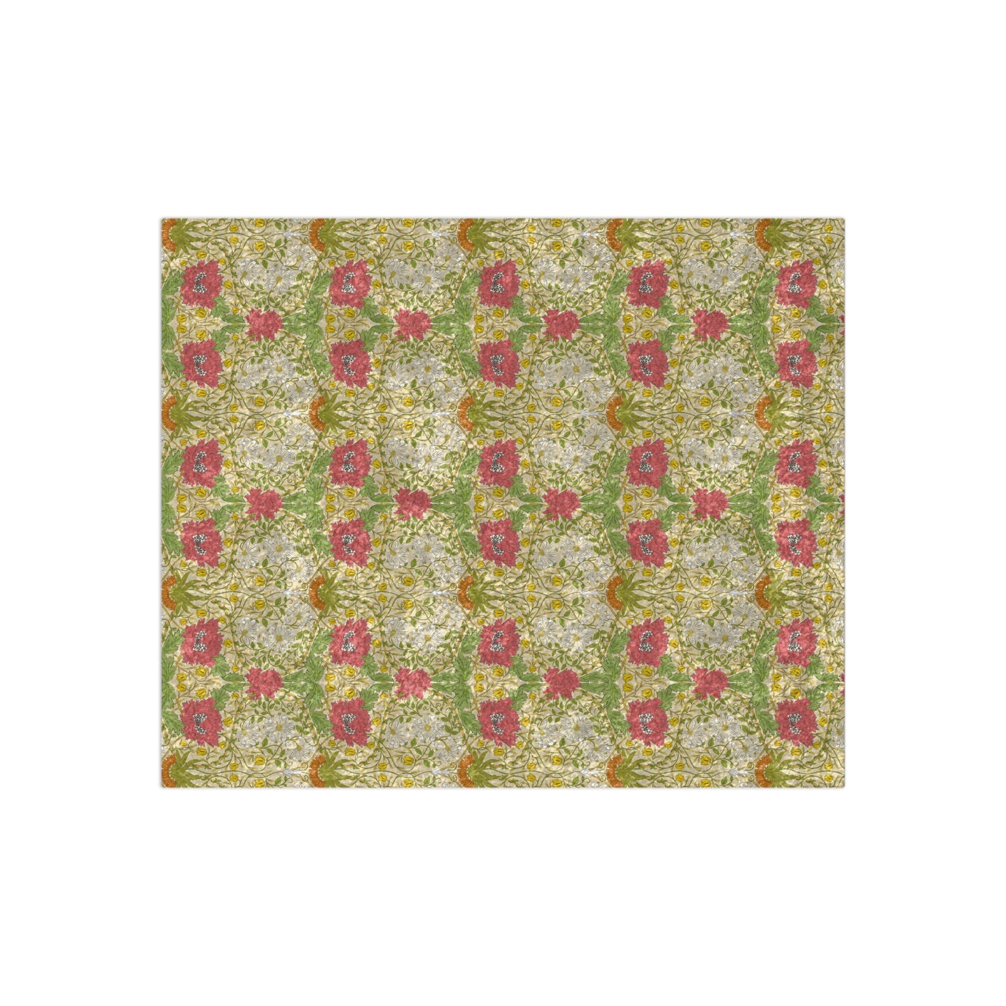A lush crushed velvet blanket with a floral William Morris & Co pattern in shades of green, pink, and yellow, hemmed edges, and a silky finish.
