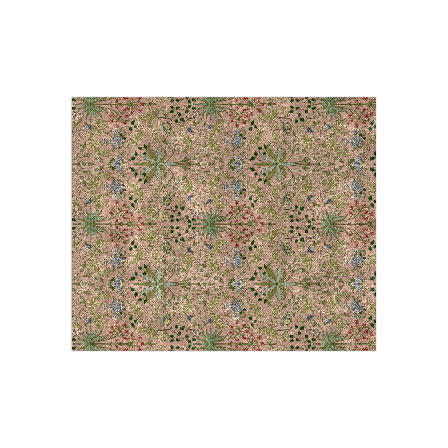 A plush velvet blanket with a floral William Morris & Co pattern in shades of pink and green, with a silky finish.