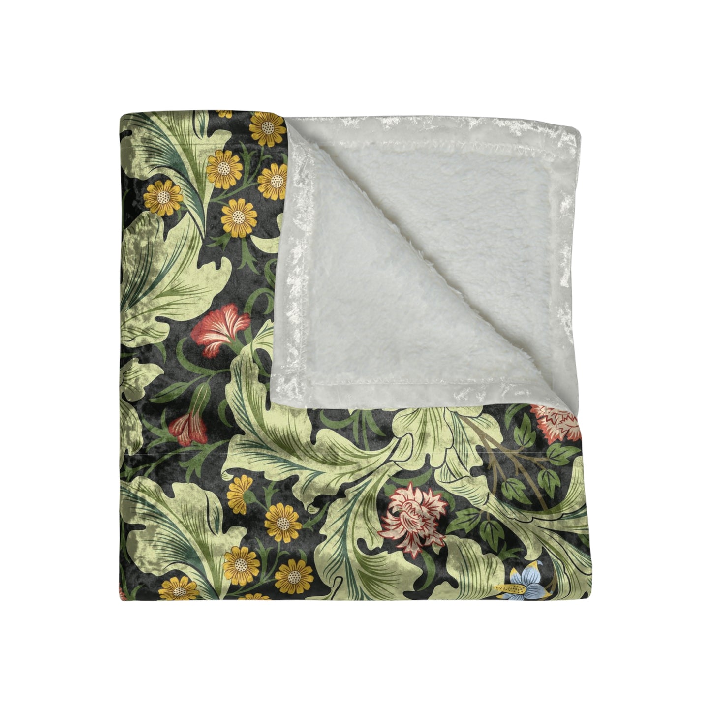 A lush crushed velvet blanket with a floral pattern in green, inspired by William Morris, with hemmed edges and a silky finish.