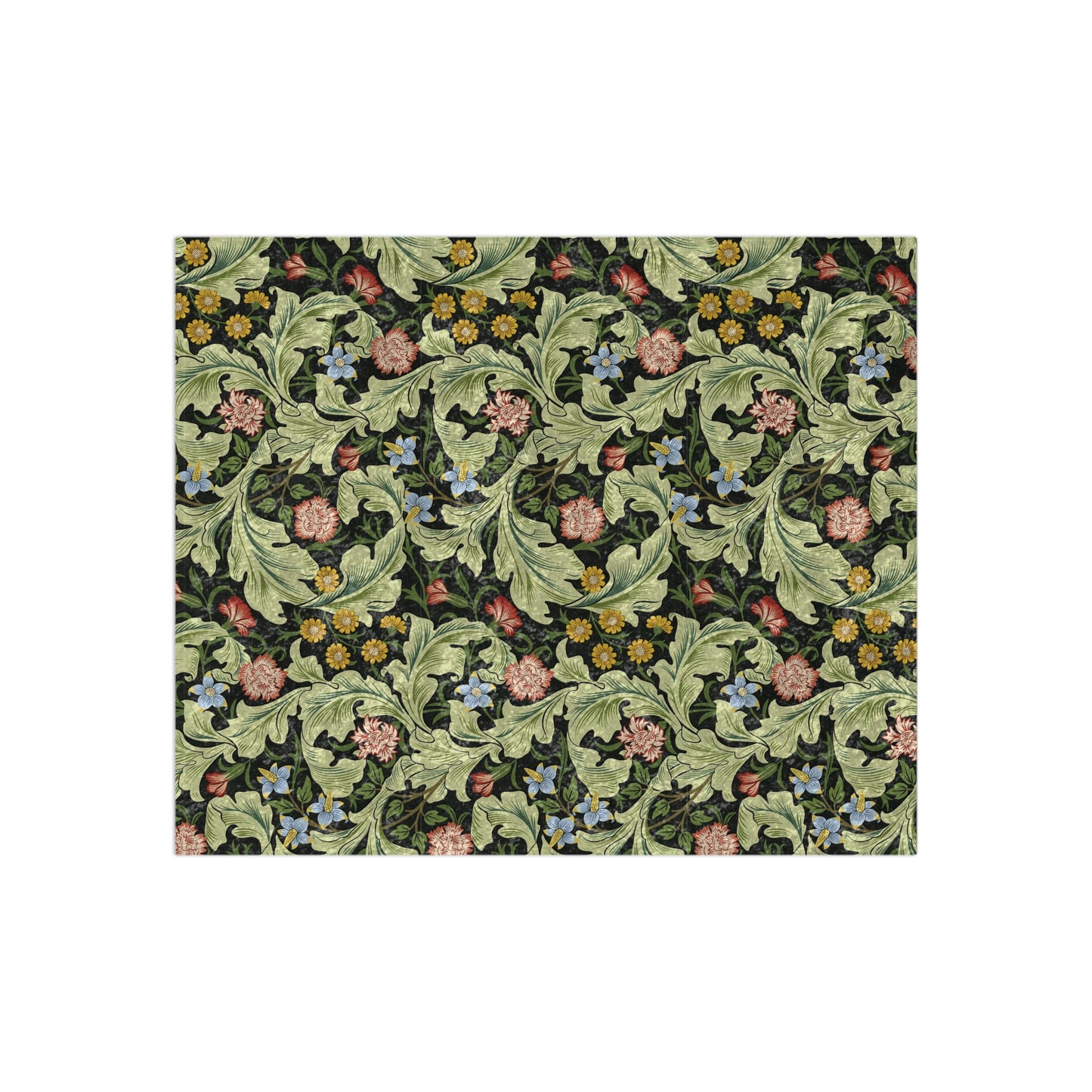 A lush crushed velvet blanket with a floral pattern in green, inspired by William Morris, with hemmed edges and a silky finish.