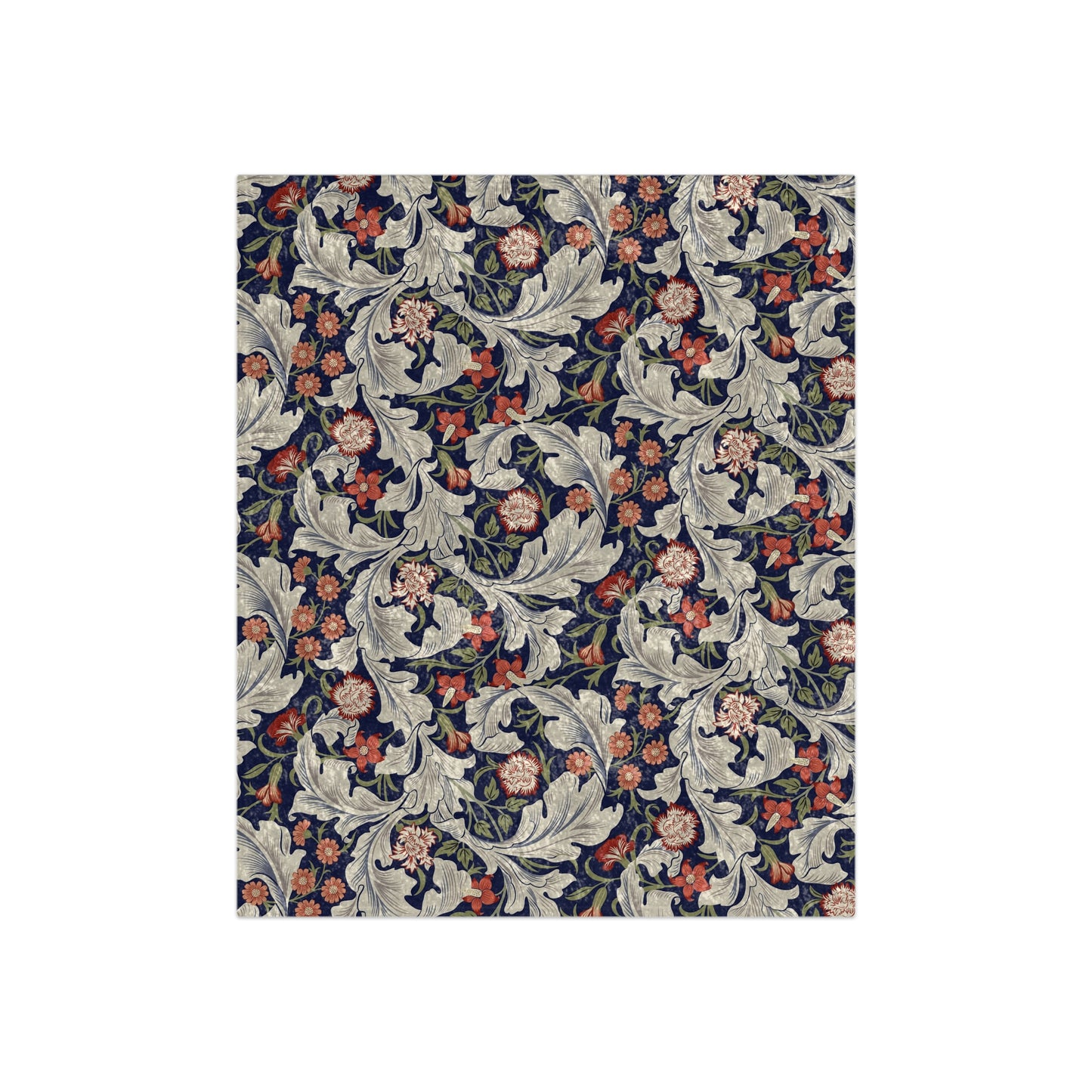 A floral patterned crushed velvet blanket in royal blue with William Morris-inspired design.
