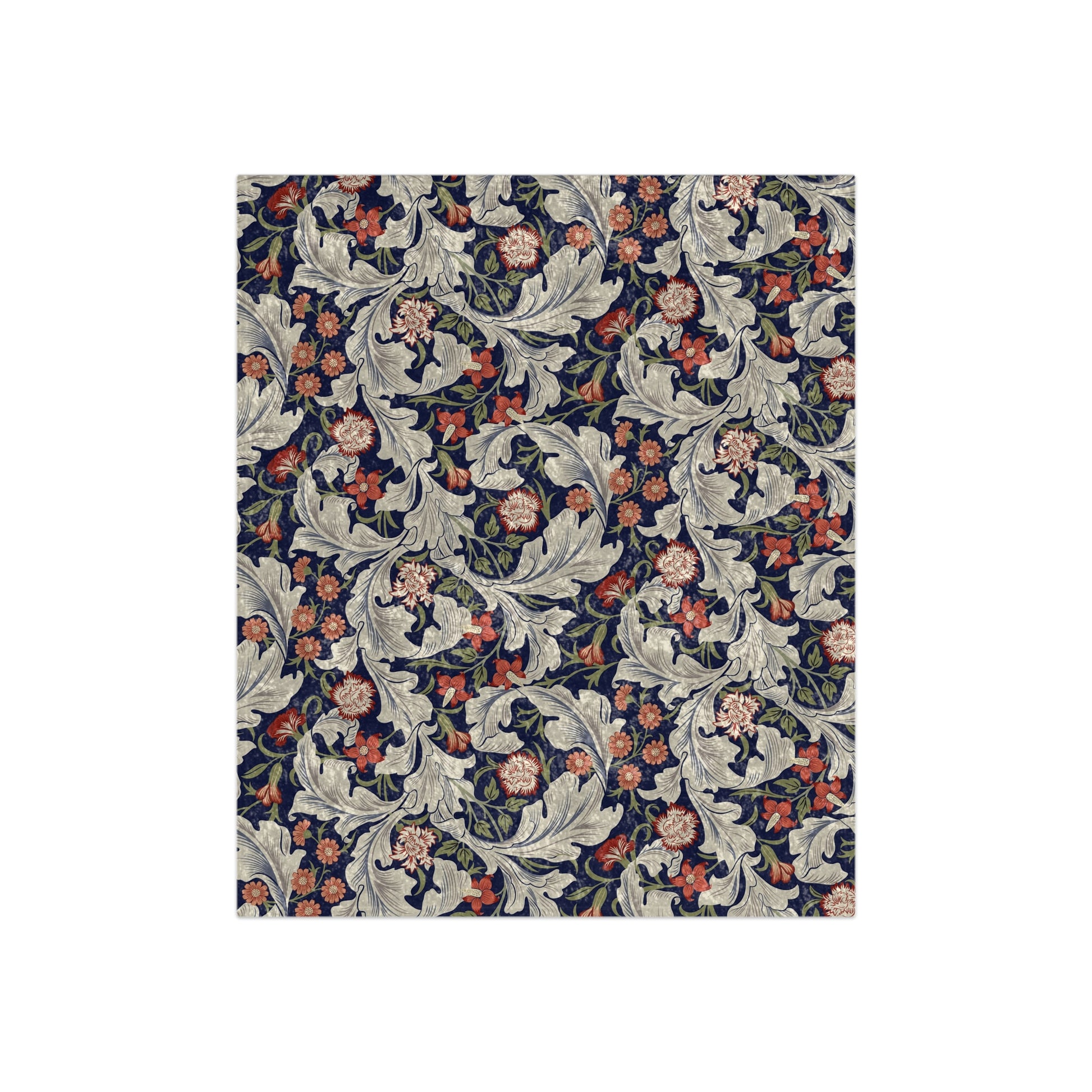 A floral patterned crushed velvet blanket in royal blue with William Morris-inspired design.