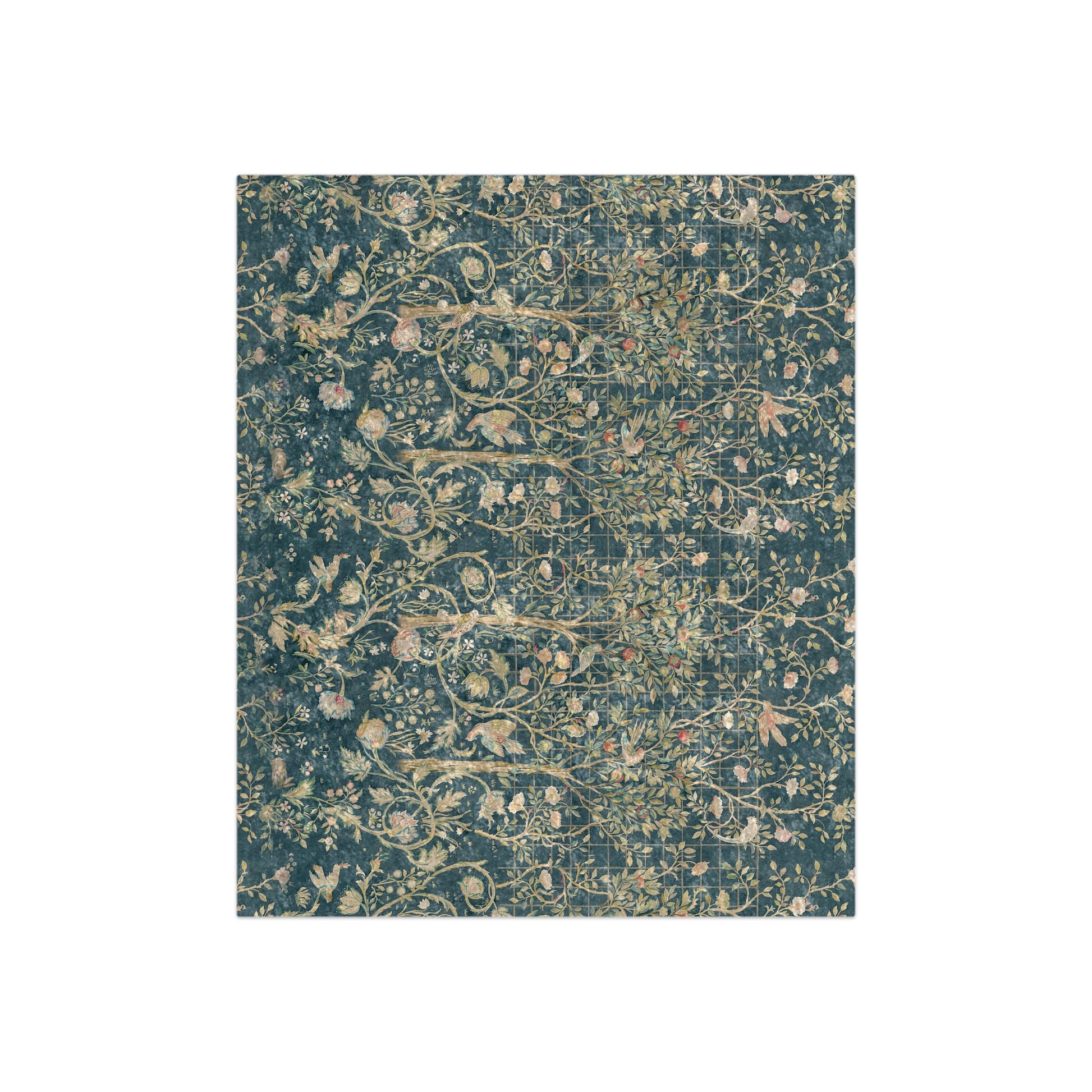 A lush crushed velvet blanket with a floral pattern in evergreen teal colors, hemmed edges and a silky finish.