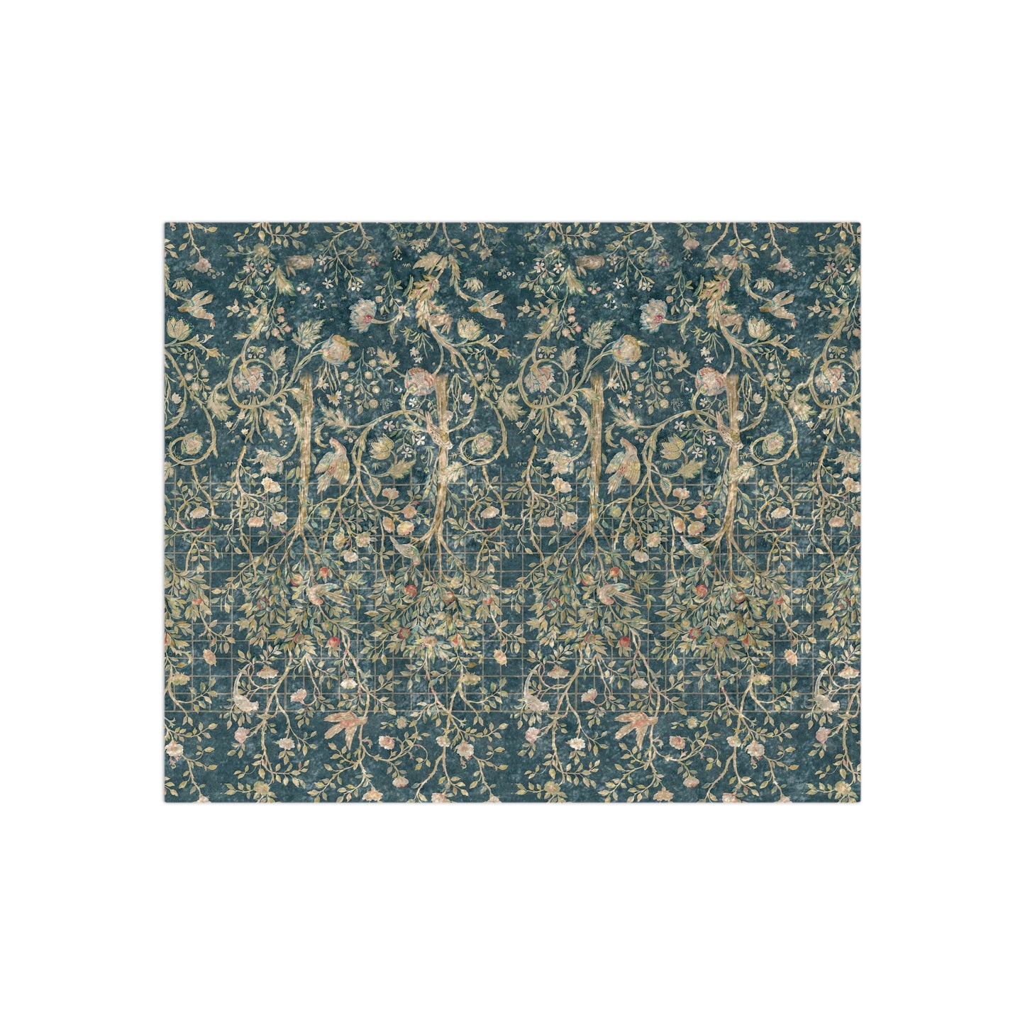 A lush crushed velvet blanket with a floral William Morris & Co pattern in evergreen teal colours, hemmed edges and a silky finish.