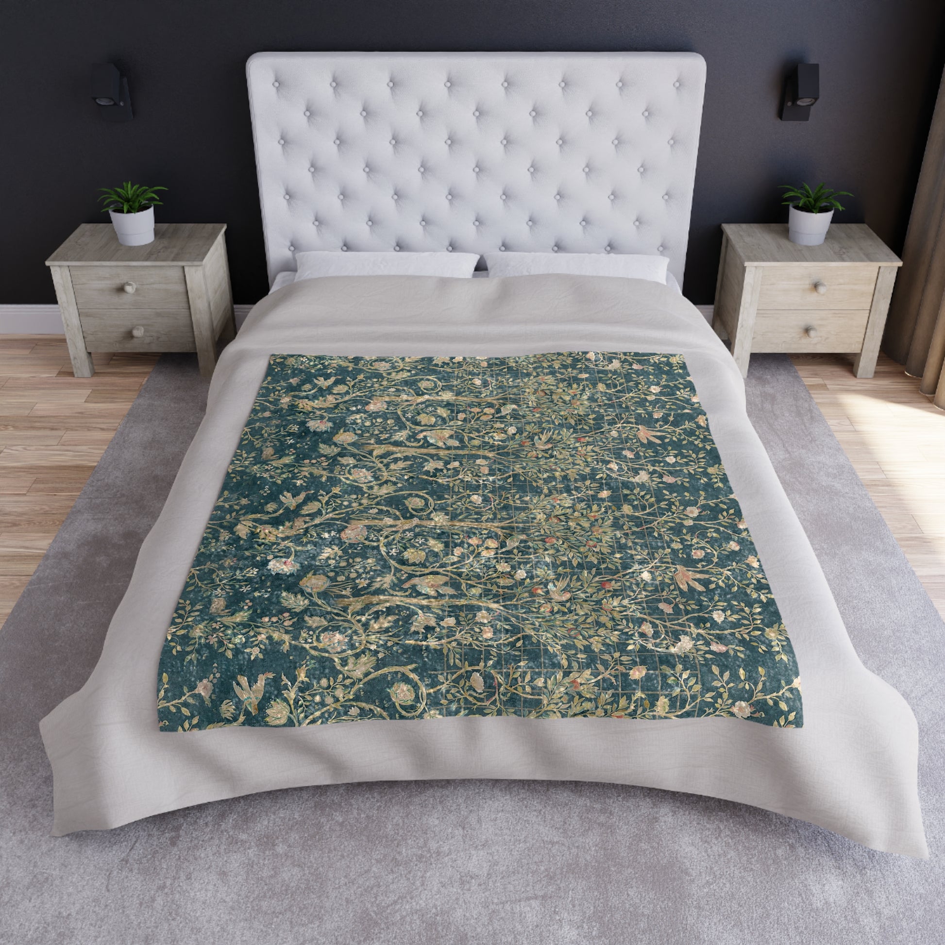 A lush crushed velvet blanket with a floral William Morris & Co pattern in evergreen teal colours, hemmed edges and a silky finish.